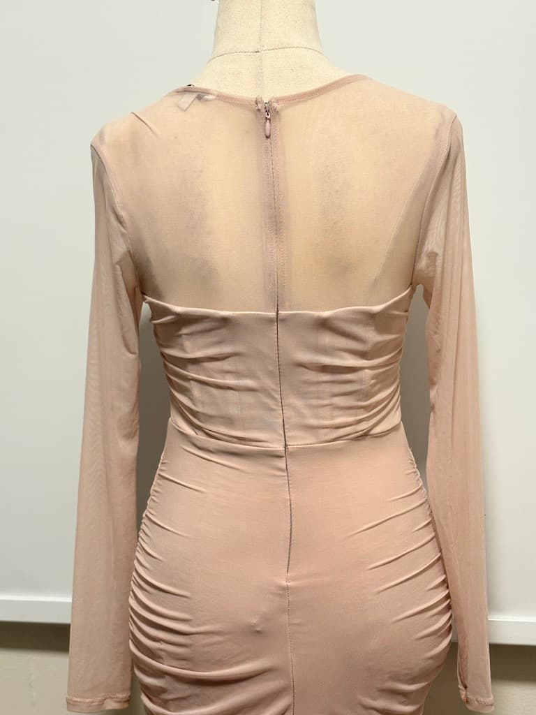Guess Nude Mesh Ruched Long Sleeve Midi Dress - Size S — photo 8 of 15
