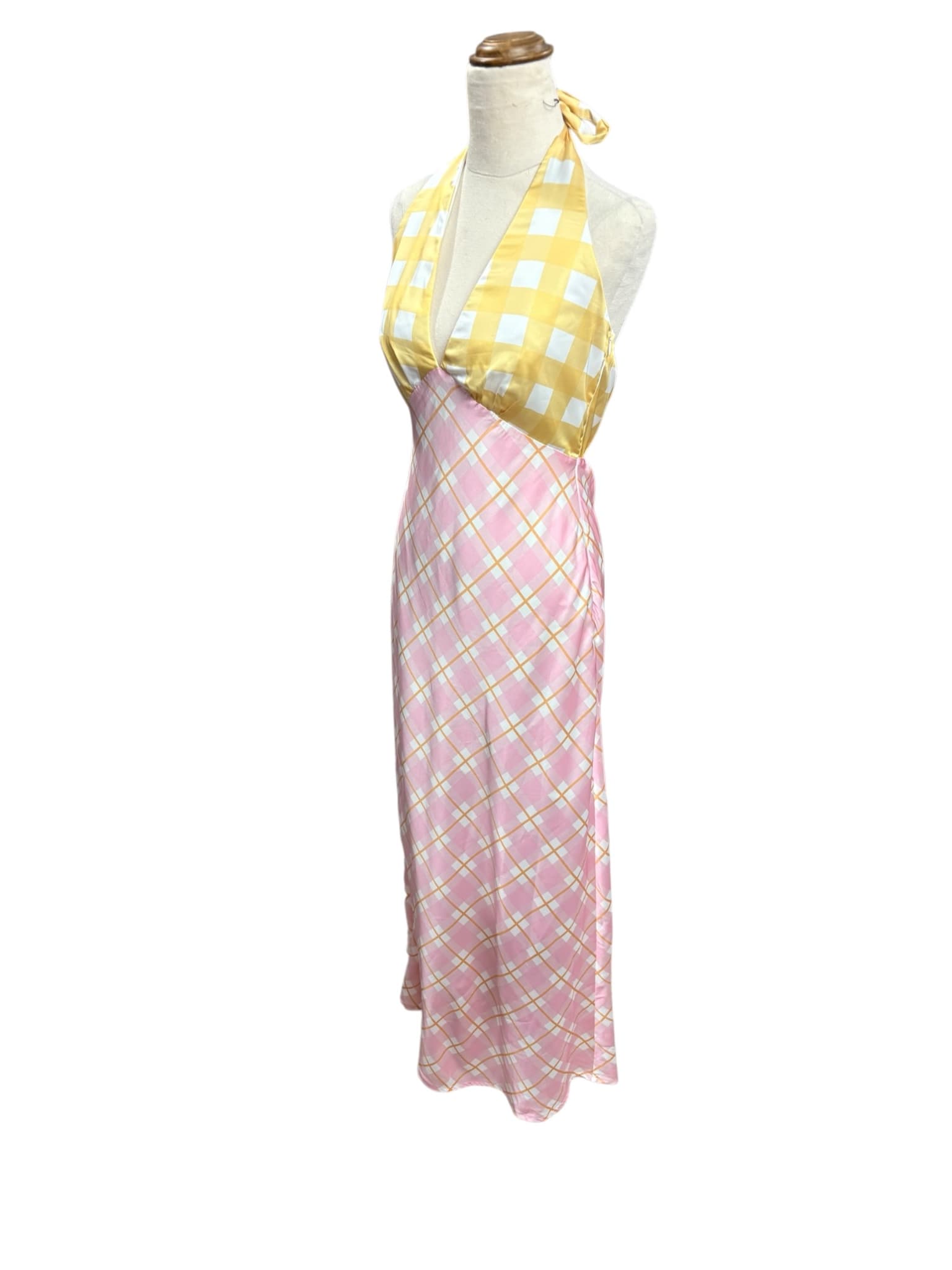 Indi Luxe Midi Dress Gingham Plaid Halter Yellow Women's 8 — photo 3 of 8