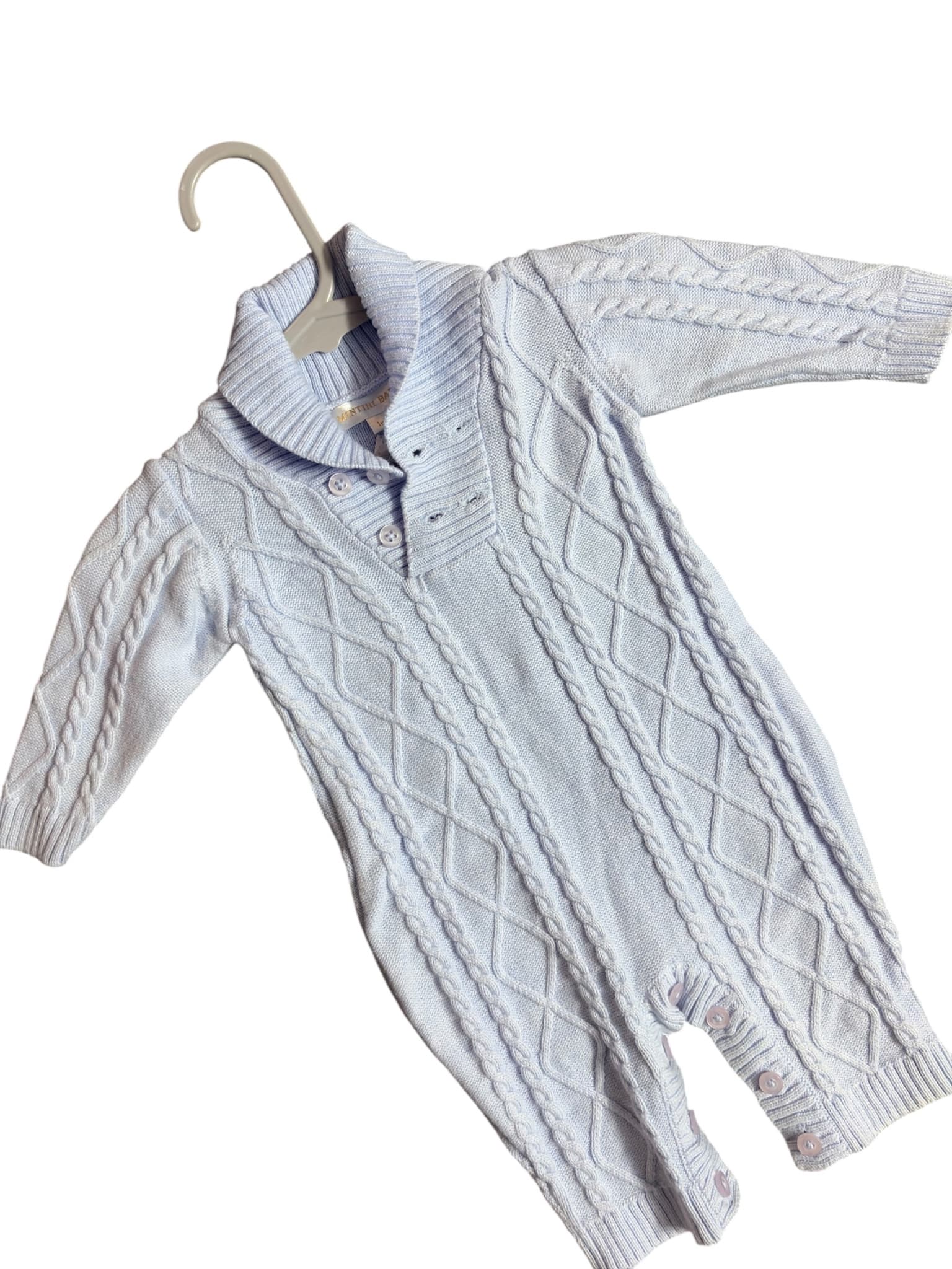 Mintini Baby Cable Knit Romper Shawl Collar Light Blue Baby 1M — photo 1 of 3