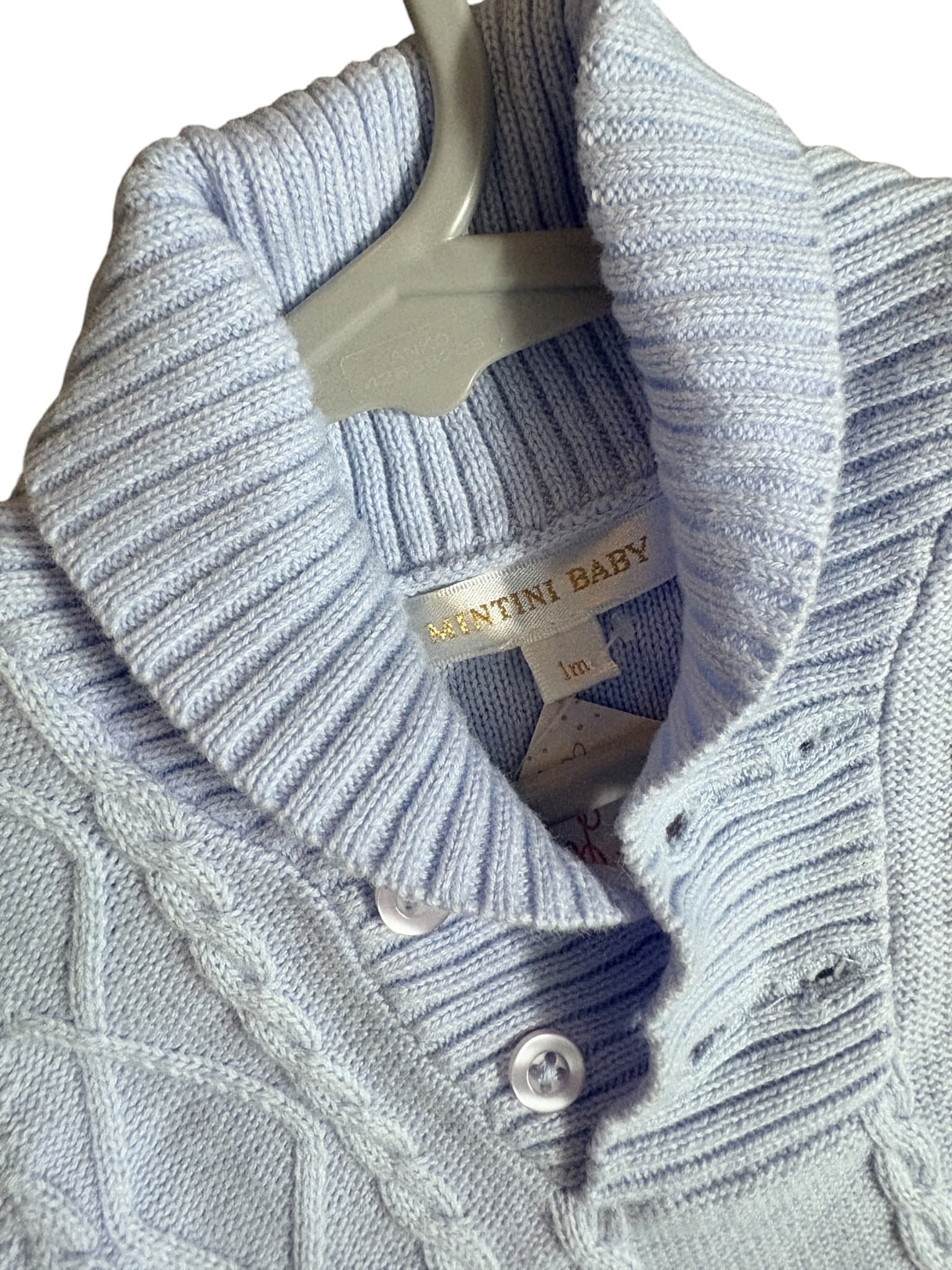 Mintini Baby Cable Knit Romper Shawl Collar Light Blue Baby 1M — photo 2 of 3
