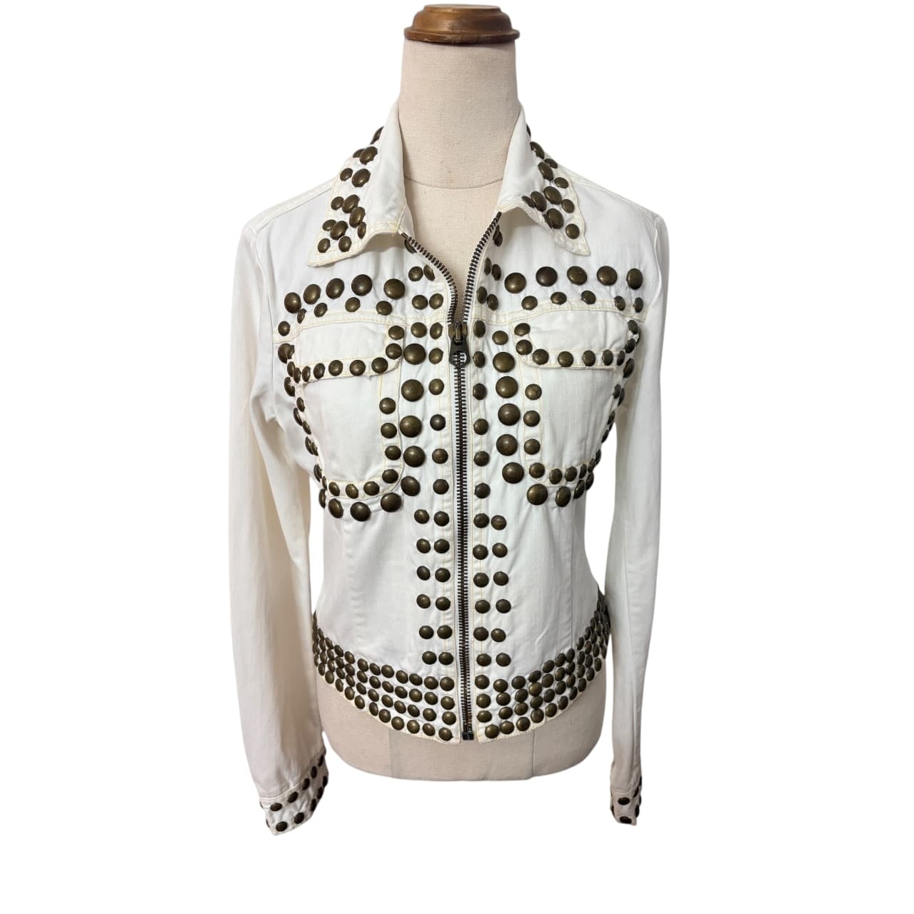 Nolita Denim Jacket White Studded Rocker Style Inspired by 1970's Brand Roncelli — photo 1 of 7