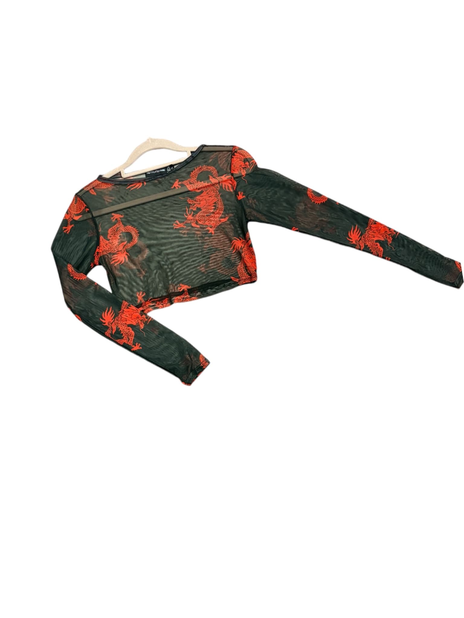 PRETTYLITTLETHING Long Sleeve Crop Top Dragon Print Black Women's 6 — photo 4 of 5
