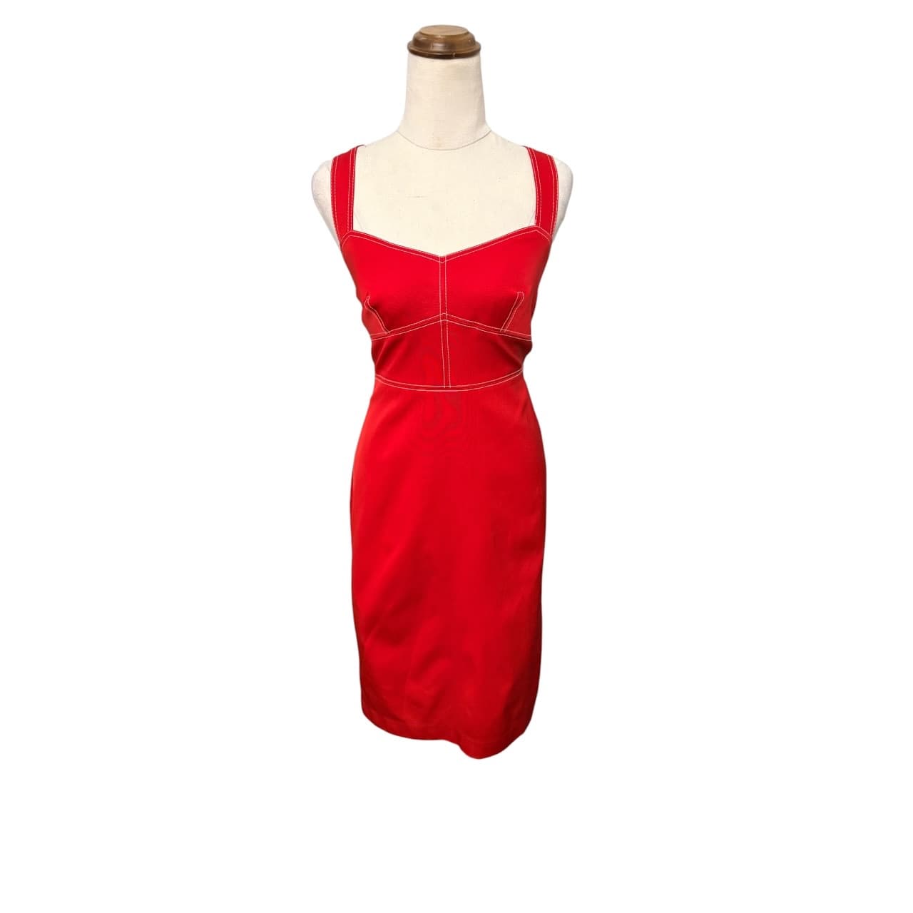 Red Sleeveless Midi Dress With Contrast Stitching — photo 2 of 7
