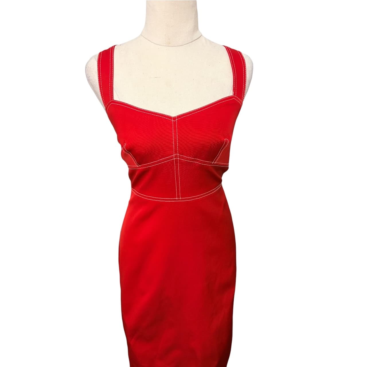Red Sleeveless Midi Dress With Contrast Stitching — photo 3 of 7