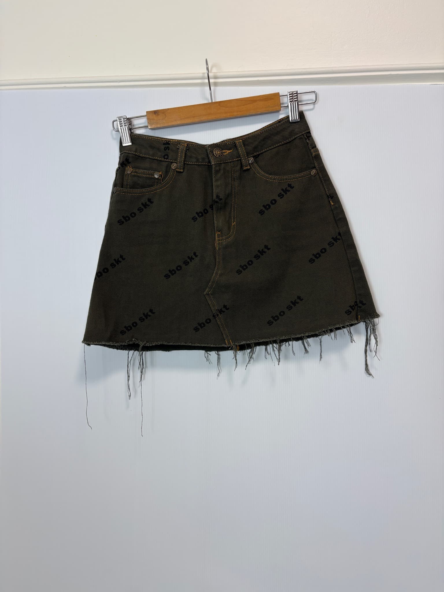 Sabo Skirt Denim Mini Skirt - Logo Print Raw Hem — photo 2 of 7