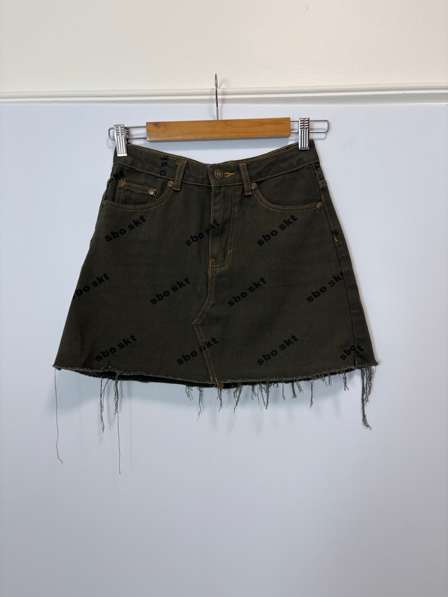Sabo Skirt Denim Mini Skirt - Logo Print Raw Hem — photo 3 of 7