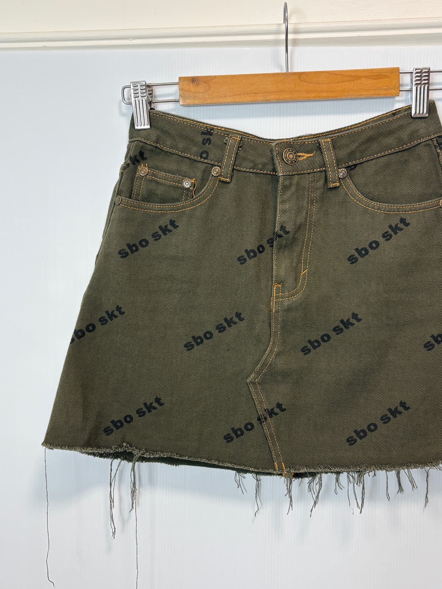 Sabo Skirt Denim Mini Skirt - Logo Print Raw Hem — photo 4 of 7