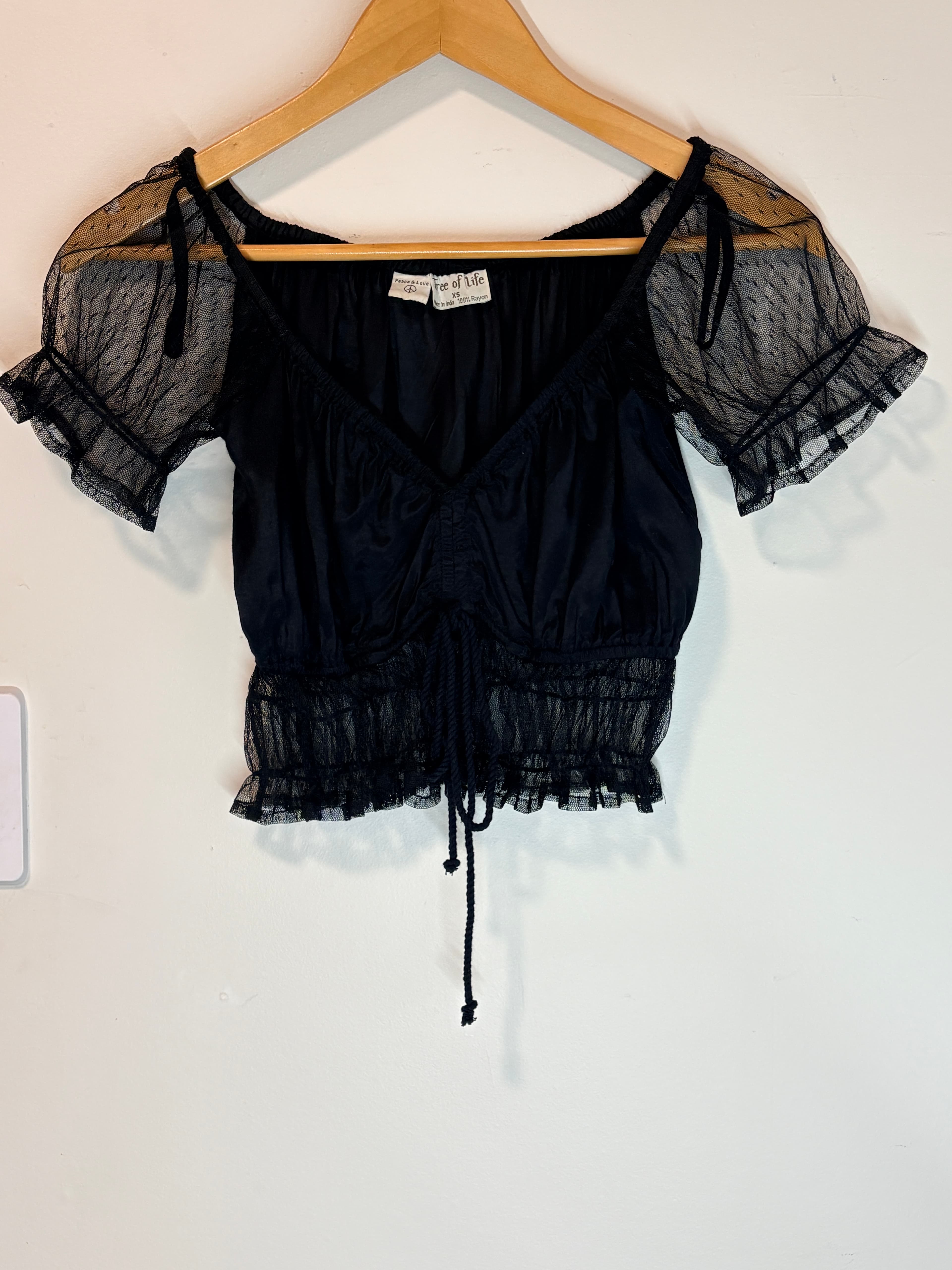 Tree of Life Off-Shoulder Crop Top Black Swiss Dot Mesh XS Y2K — photo 5 of 12