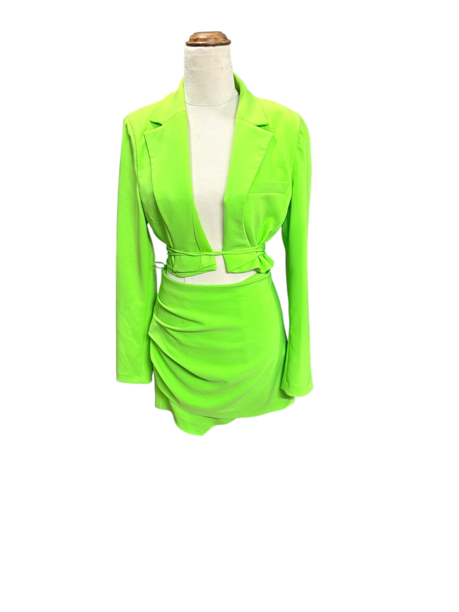 Zara Cropped Blazer And Ruched Skirt Two-Piece Set Neon Green Women's L — photo 4 of 11