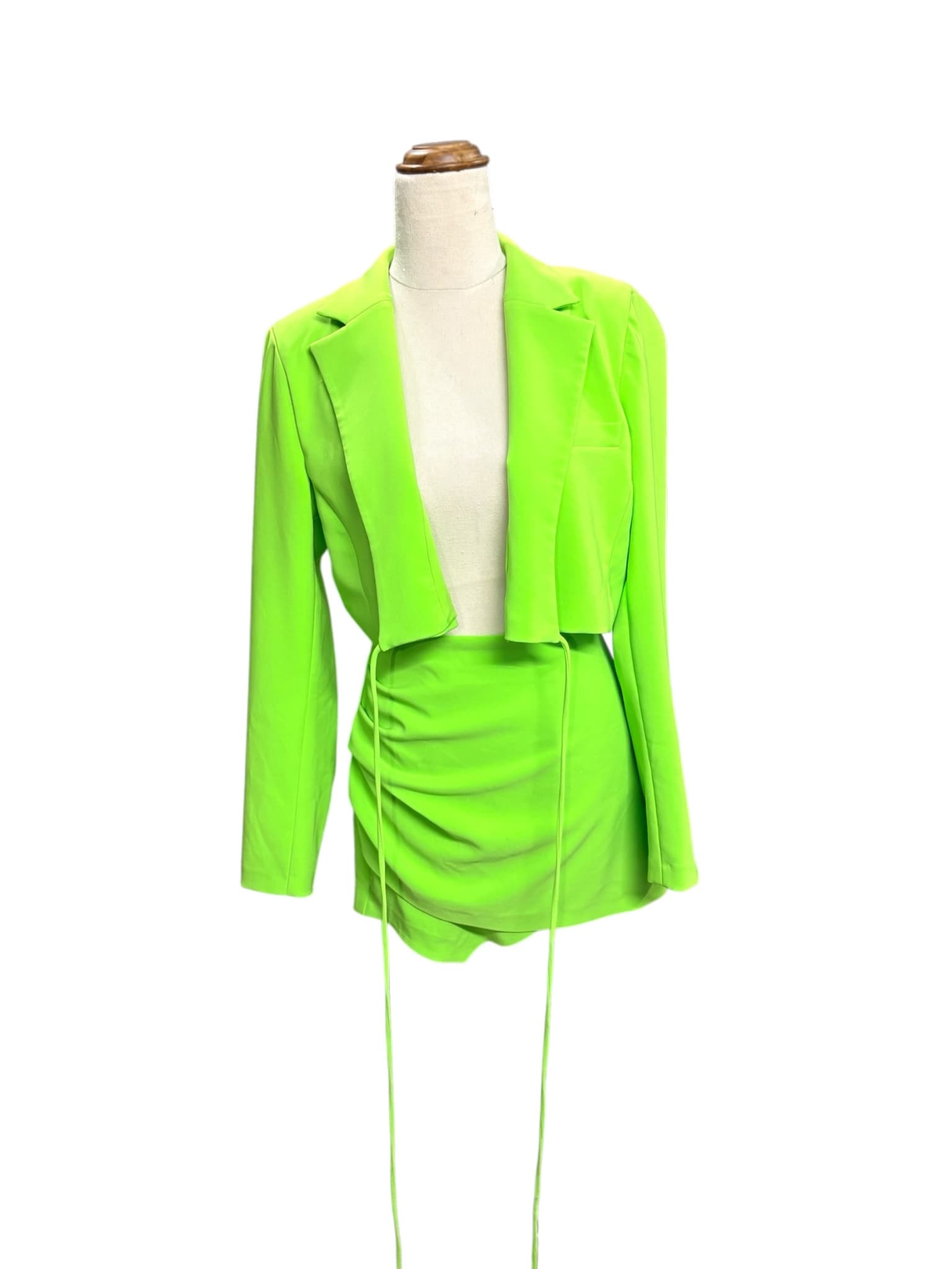 Zara Cropped Blazer And Ruched Skirt Two-Piece Set Neon Green Women's L — photo 1 of 11