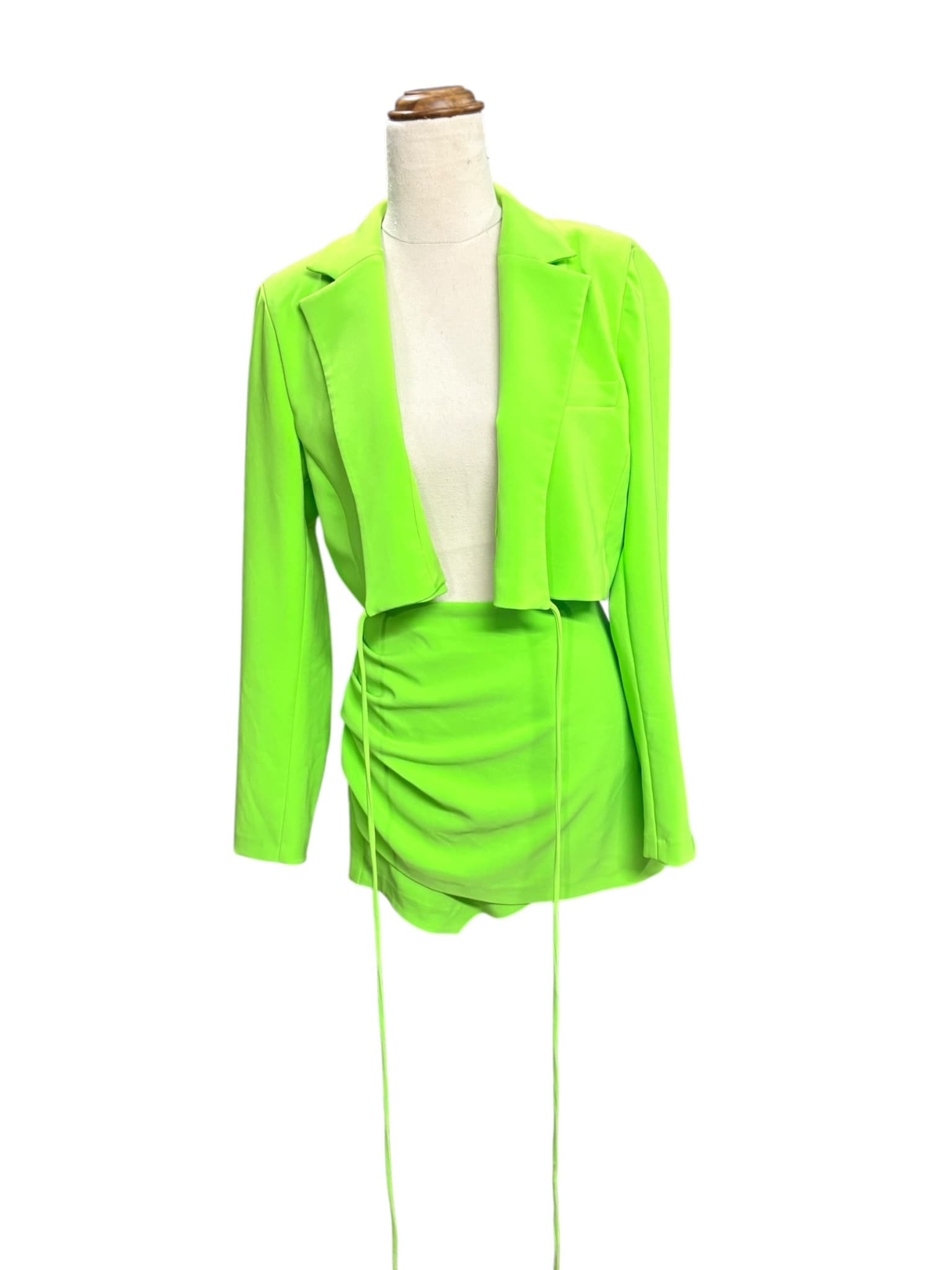 Zara Cropped Blazer And Ruched Skirt Two-Piece Set Neon Green Women's L — photo 2 of 11
