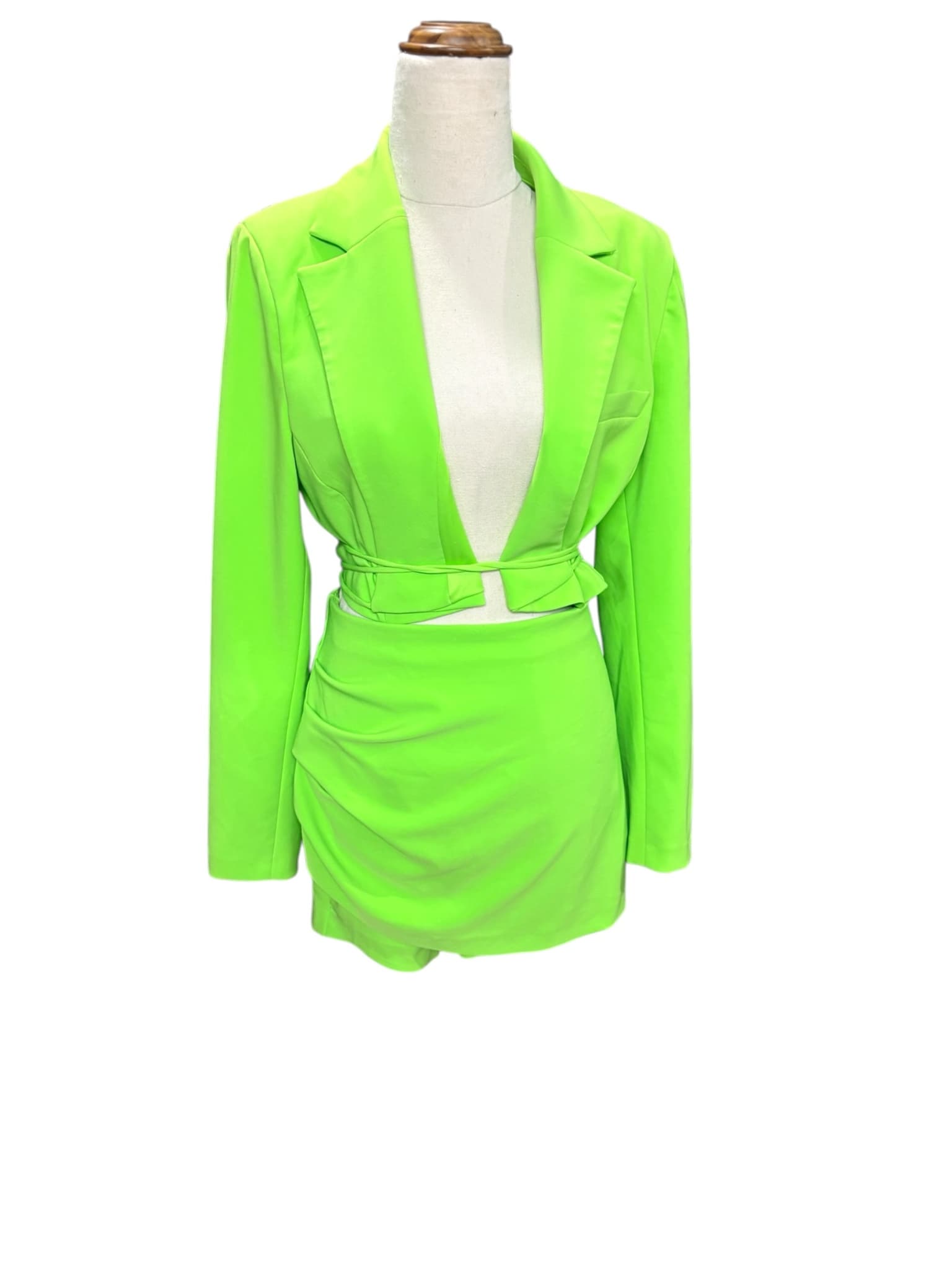 Zara Cropped Blazer And Ruched Skirt Two-Piece Set Neon Green Women's L — photo 3 of 11