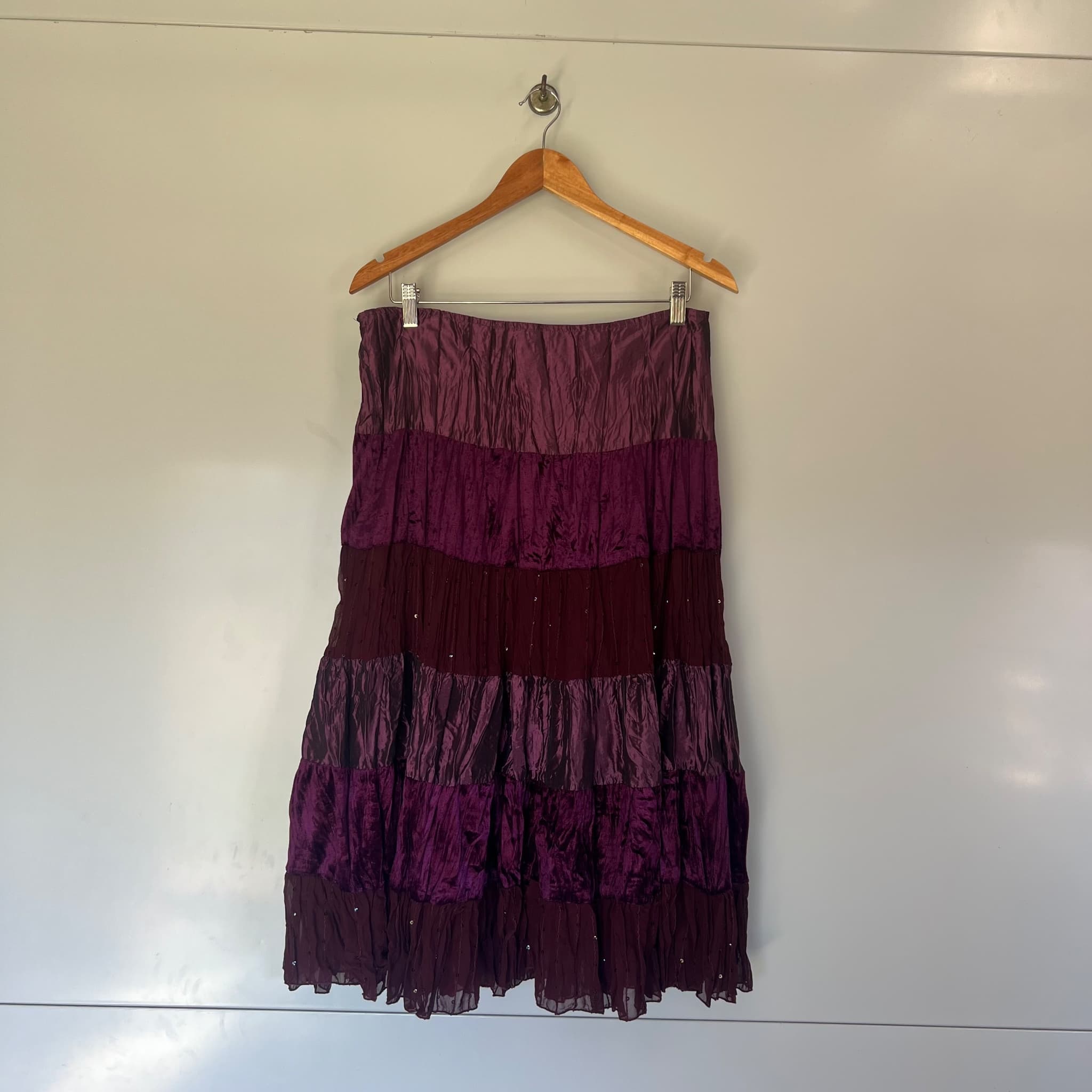 Chutney Mary Vintage Tiered Crinkle Satin & Velvet Midi Skirt Purple — photo 3 of 8