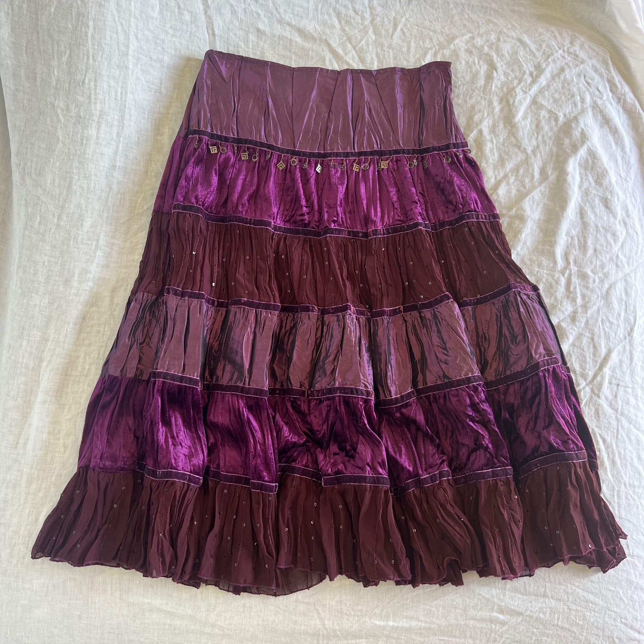 Chutney Mary Vintage Tiered Crinkle Satin & Velvet Midi Skirt Purple — photo 1 of 8