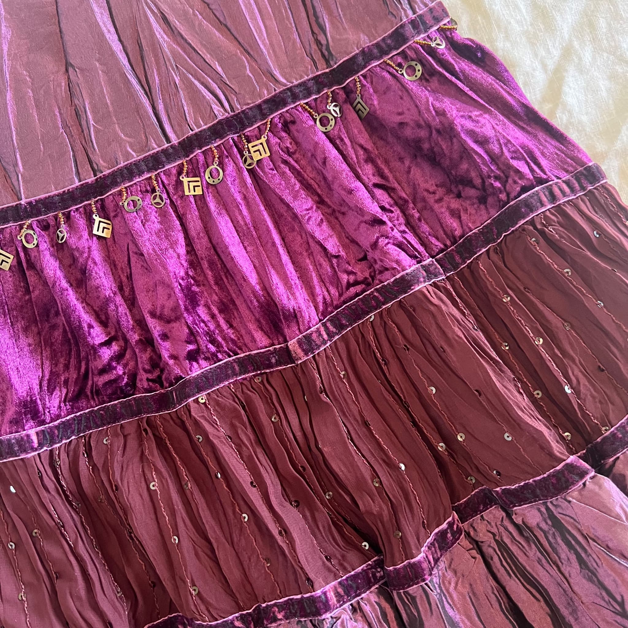 Chutney Mary Vintage Tiered Crinkle Satin & Velvet Midi Skirt Purple — photo 4 of 8