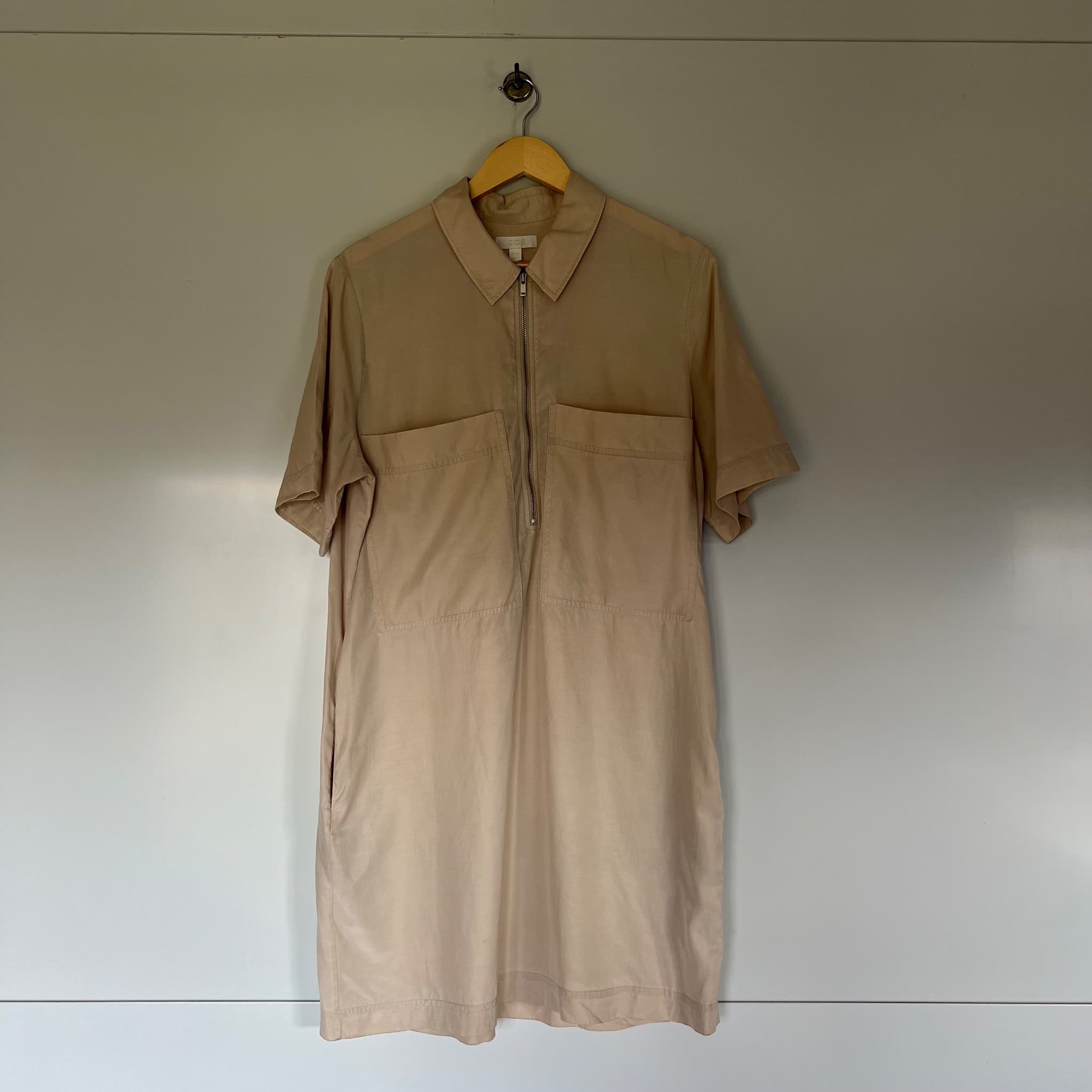 COS Beige Utility Shirt Dress Size 40 EU 12 Zip Front Short Sleeve Cupro Cotton — photo 3 of 11
