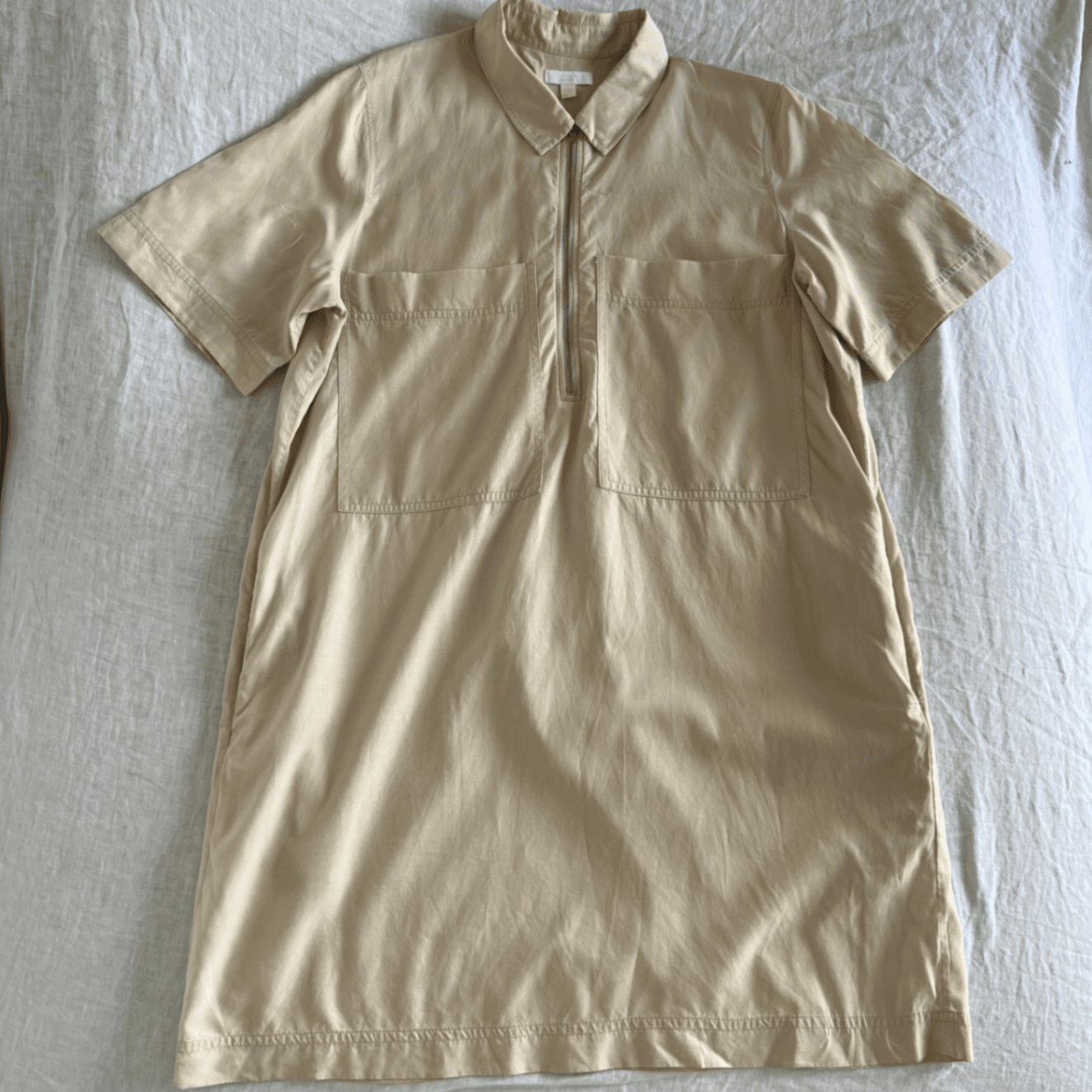 COS Beige Utility Shirt Dress Size 40 EU 12 Zip Front Short Sleeve Cupro Cotton — photo 2 of 11