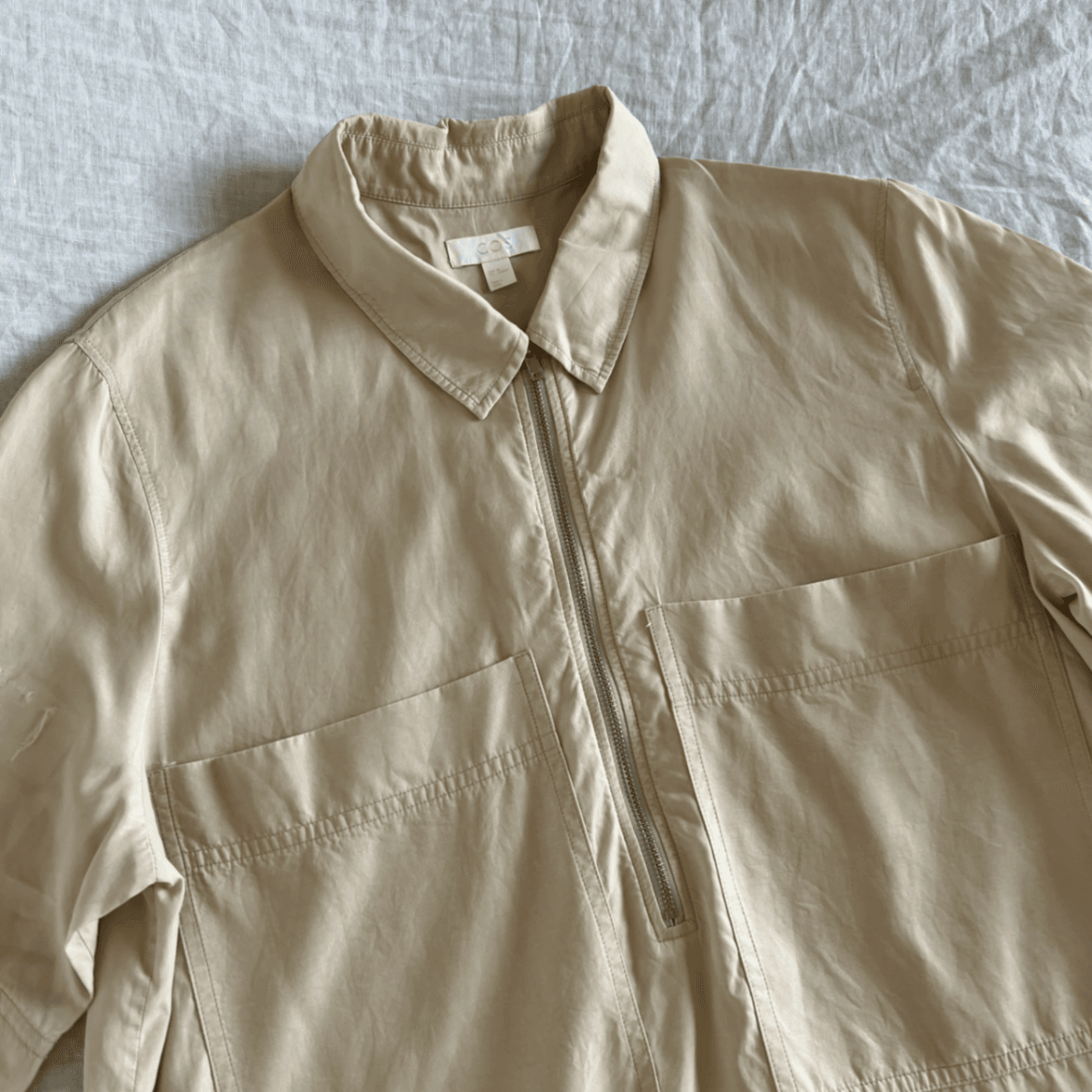 COS Beige Utility Shirt Dress Size 40 EU 12 Zip Front Short Sleeve Cupro Cotton — photo 9 of 11