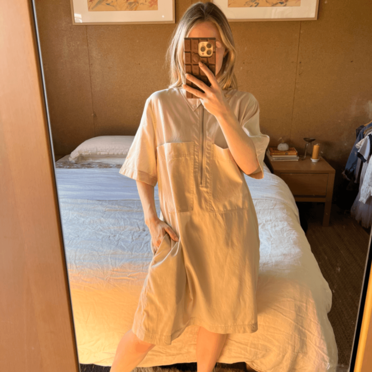 COS Beige Utility Shirt Dress Size 40 EU 12 Zip Front Short Sleeve Cupro Cotton — photo 11 of 11