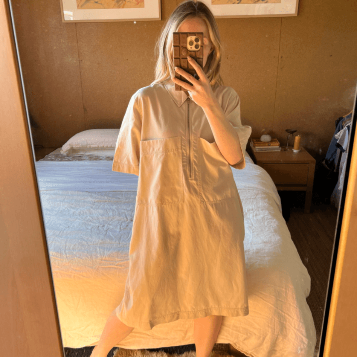 COS Beige Utility Shirt Dress Size 40 EU 12 Zip Front Short Sleeve Cupro Cotton — photo 1 of 11