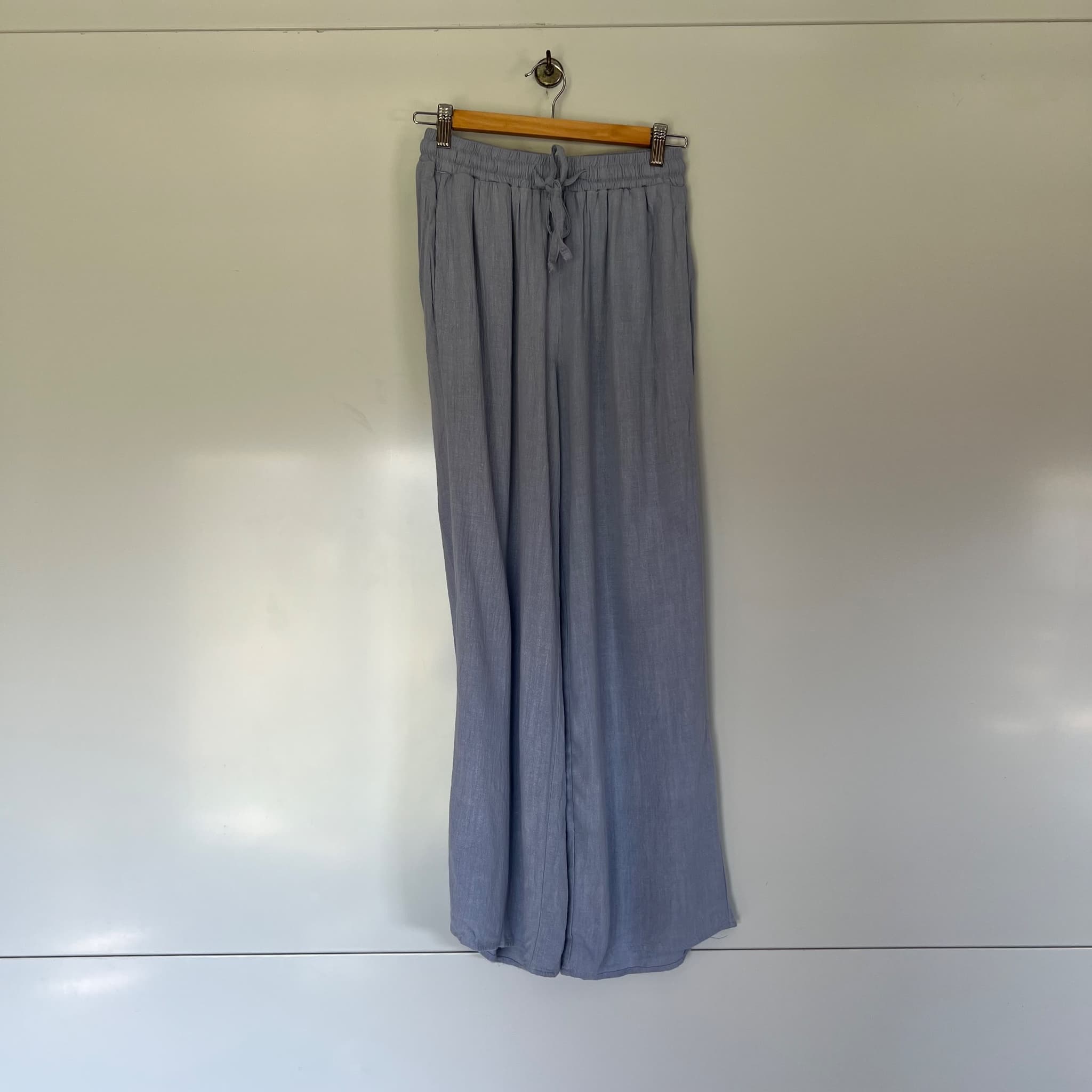 Ghanda Powder Blue Linen Blend Wide Leg Pants Size XS Drawstring Beach Trousers — photo 2 of 9