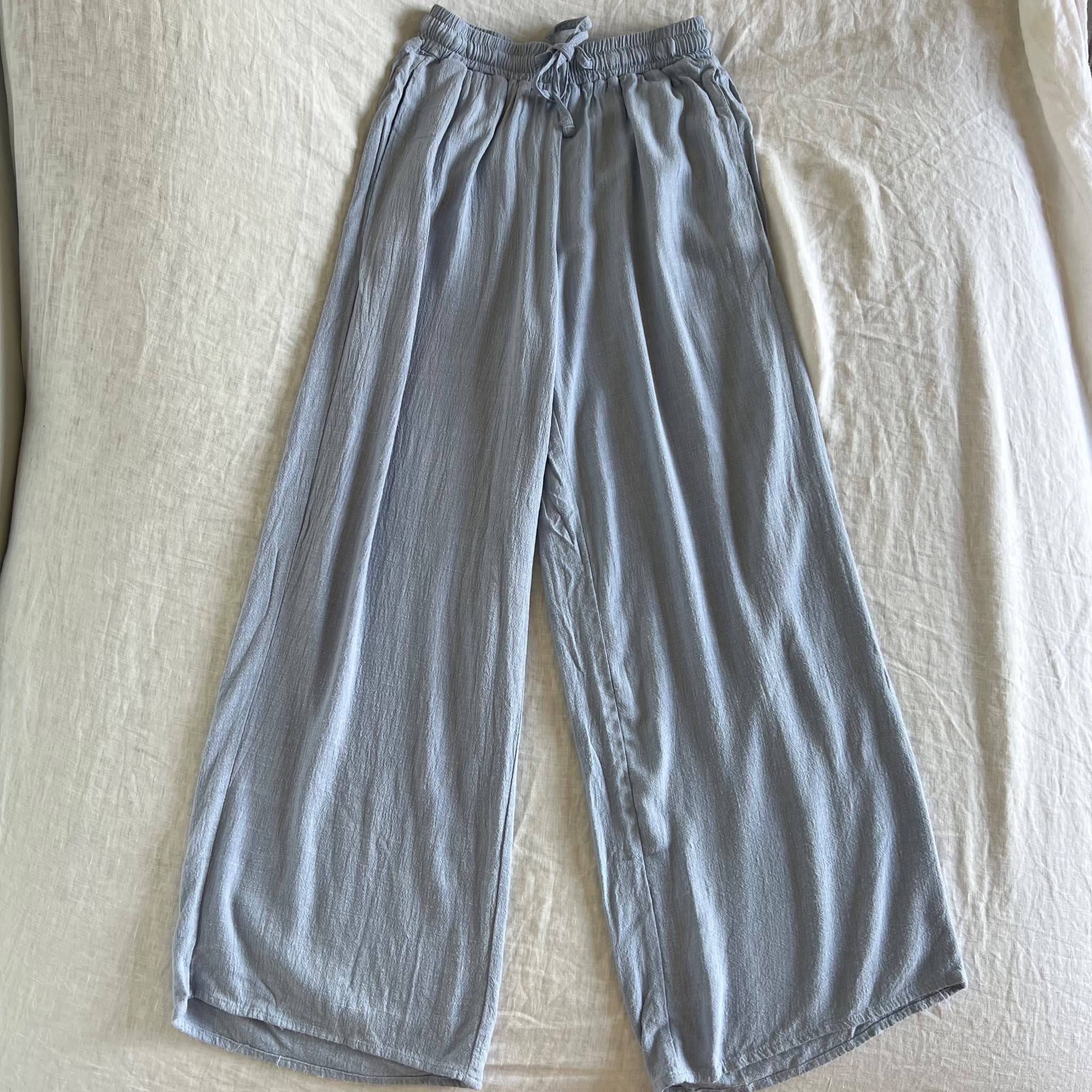 Ghanda Powder Blue Linen Blend Wide Leg Pants Size XS Drawstring Beach Trousers — photo 1 of 9