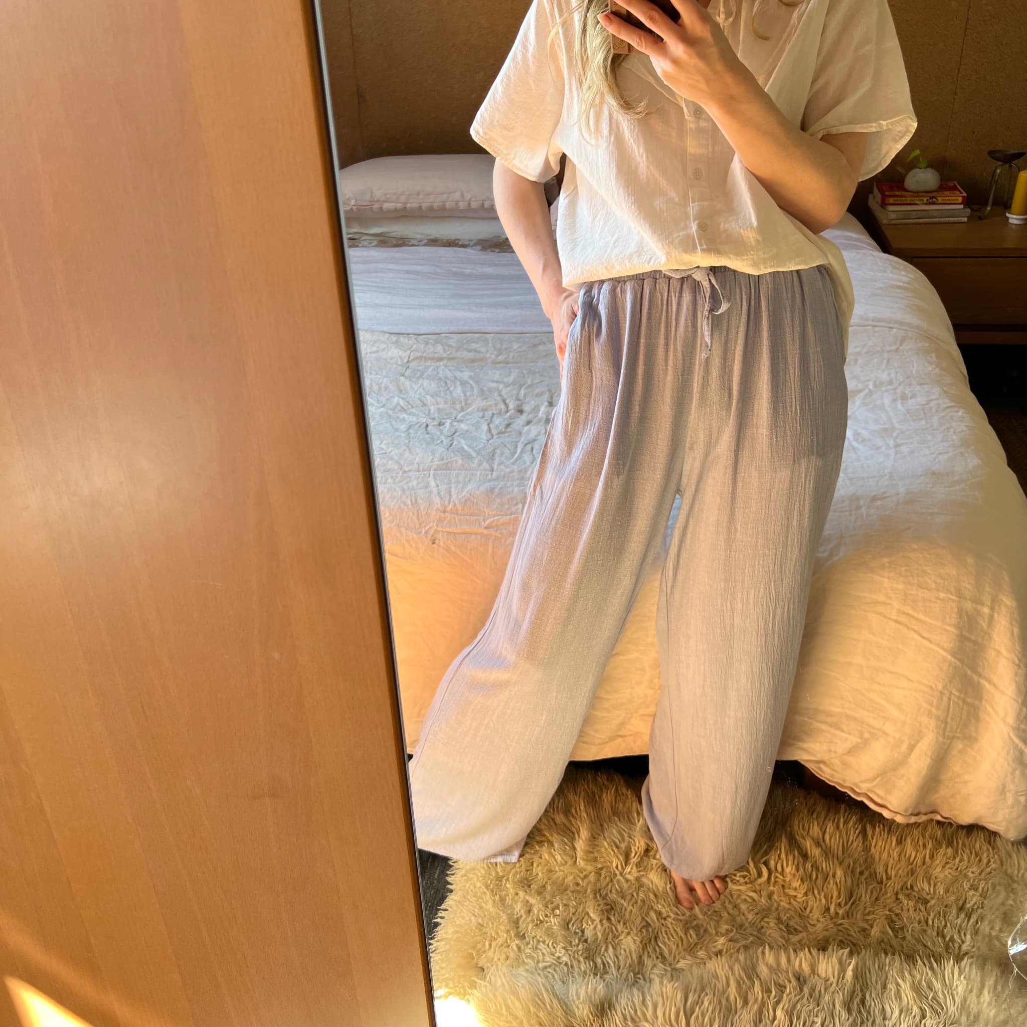 Ghanda Powder Blue Linen Blend Wide Leg Pants Size XS Drawstring Beach Trousers — photo 8 of 9