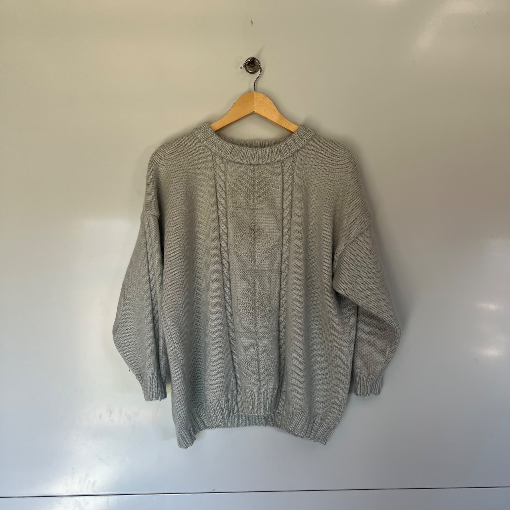 Hand-Knitted Sage Green Cable Knit Sweater - Textured Leaf Pattern — photo 6 of 10