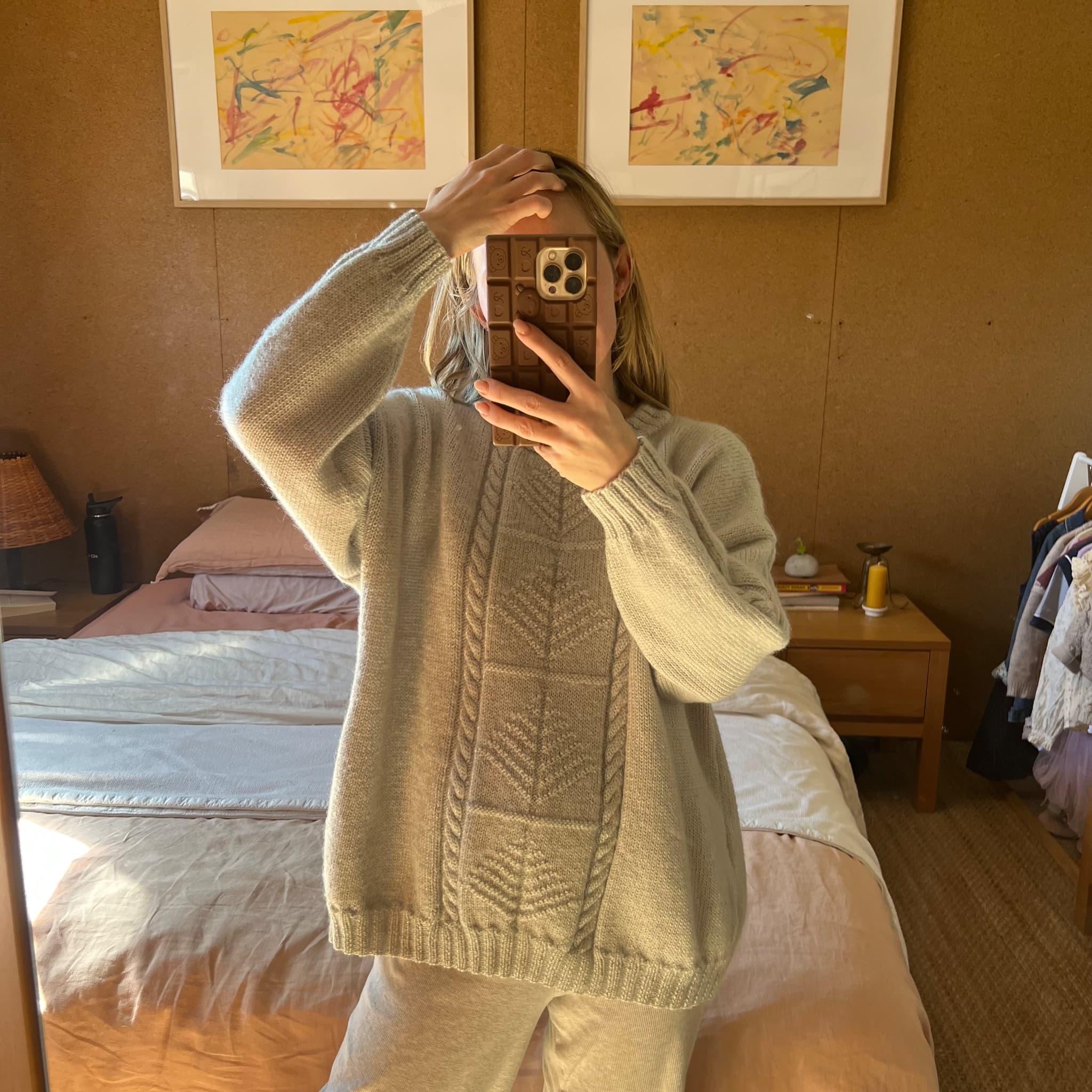 Hand-Knitted Sage Green Cable Knit Sweater - Textured Leaf Pattern — photo 9 of 10