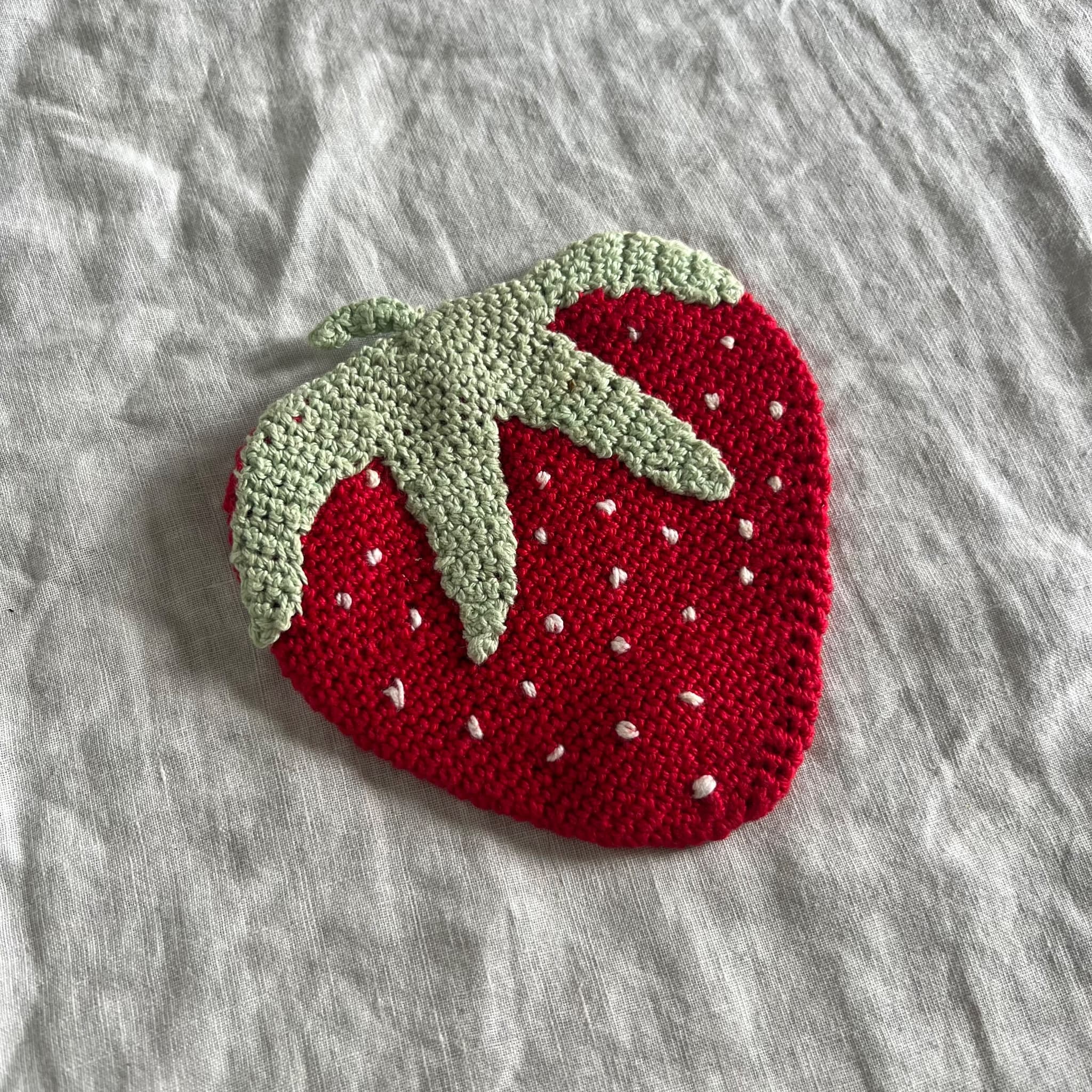 Handmade Crochet Strawberry Coaster - Red And Green Fruit Design — photo 1 of 7