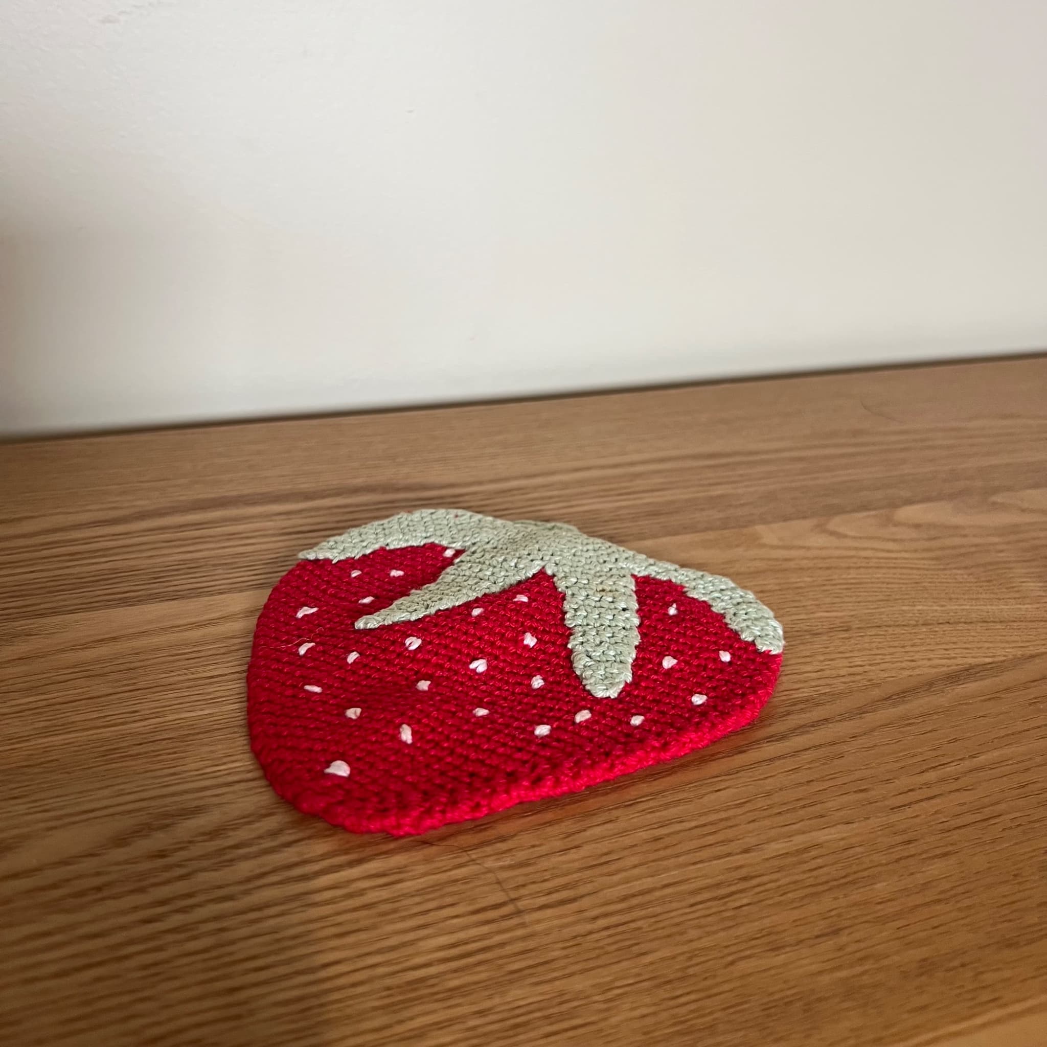 Handmade Crochet Strawberry Coaster - Red And Green Fruit Design — photo 4 of 7