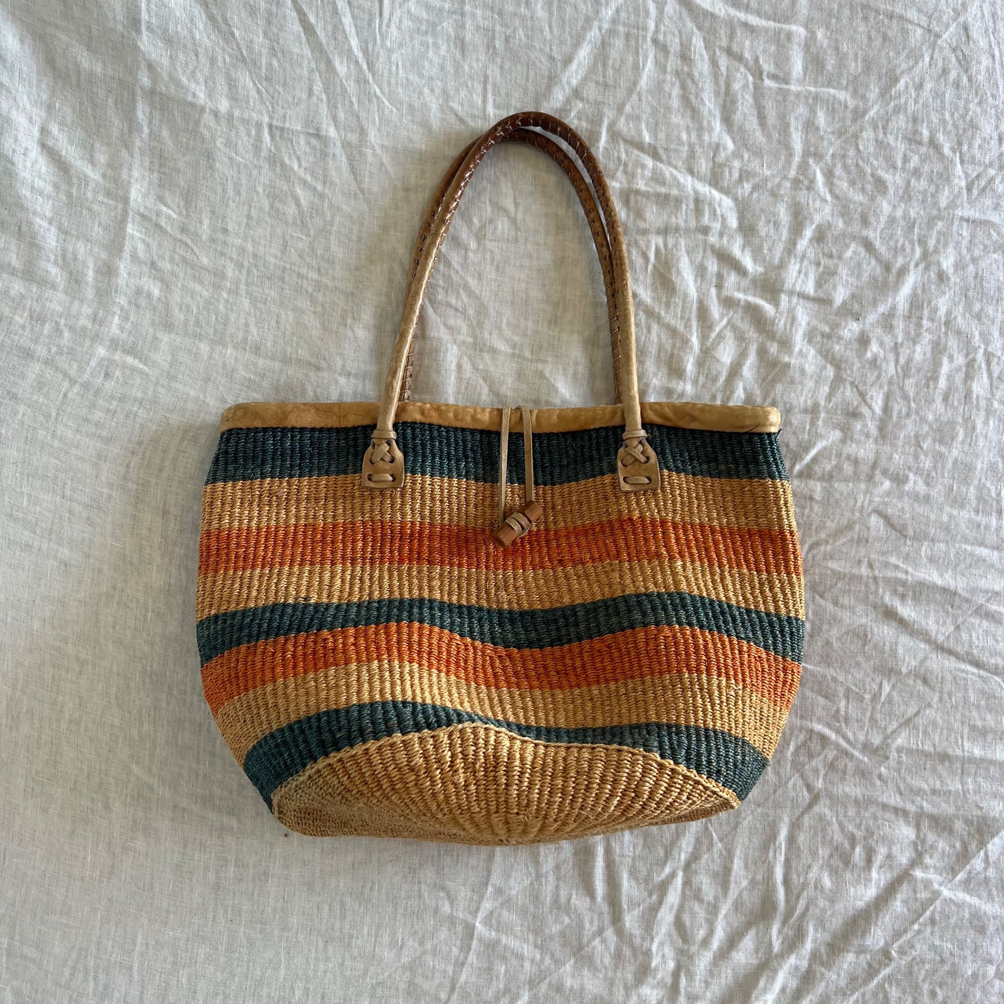 Handwoven Sisal Striped Market Tote Bag With Leather Handles — photo 2 of 8