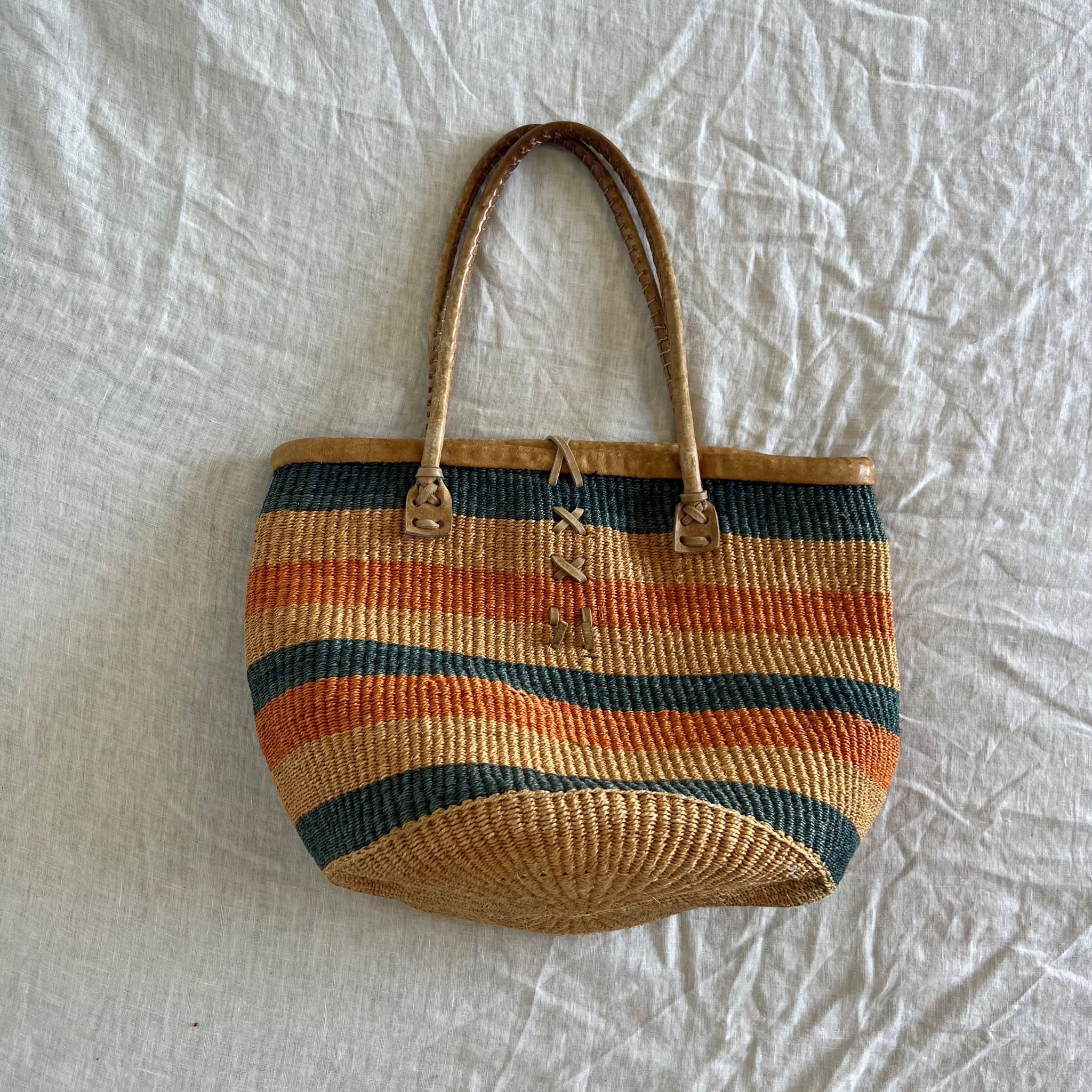 Handwoven Sisal Striped Market Tote Bag With Leather Handles — photo 3 of 8