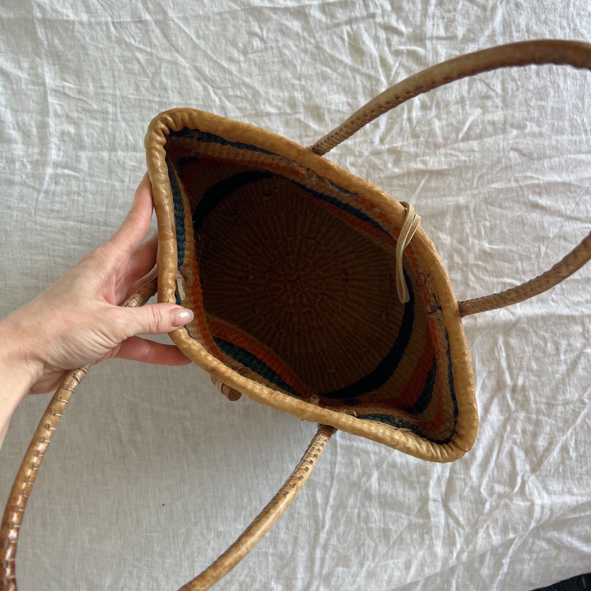 Handwoven Sisal Striped Market Tote Bag With Leather Handles — photo 6 of 8