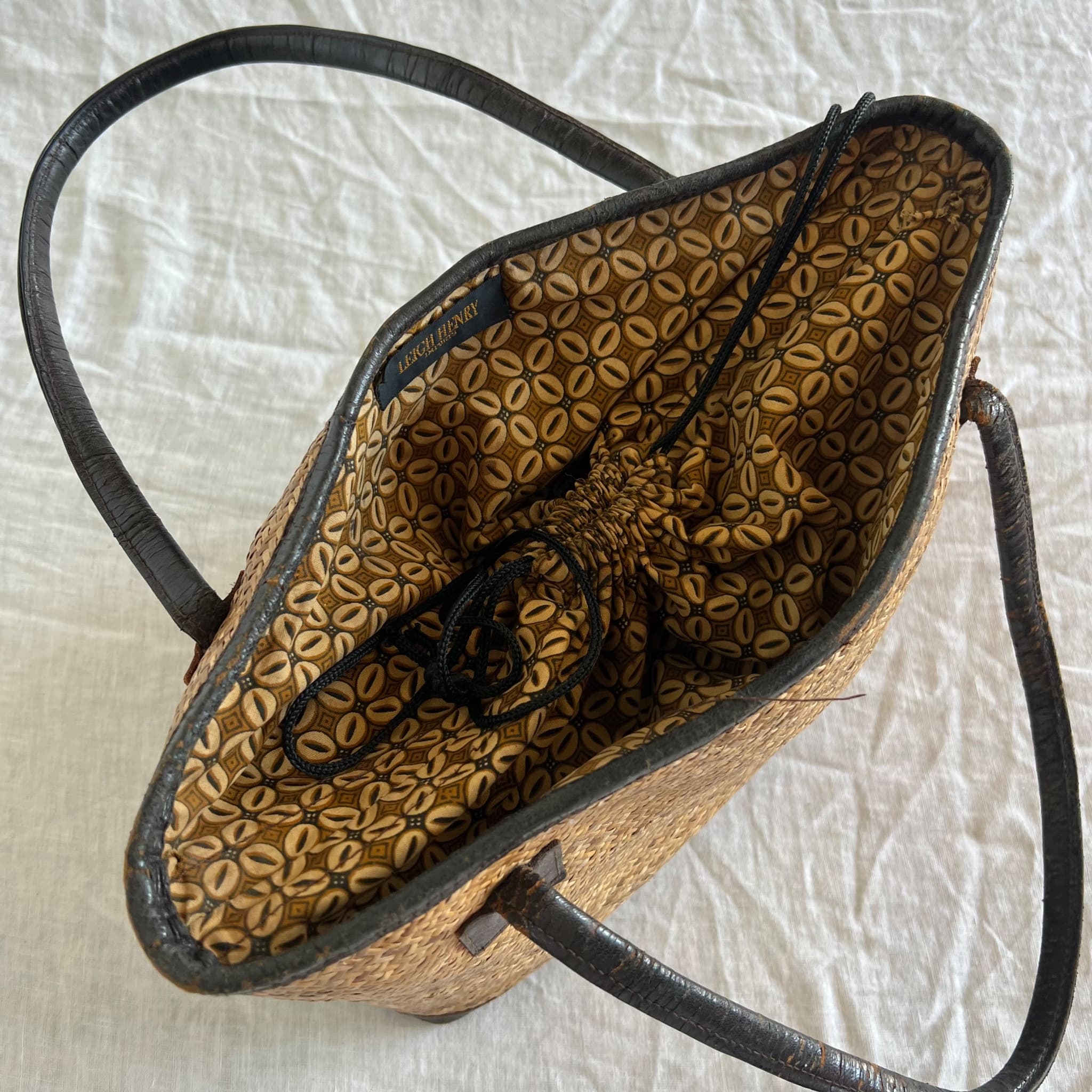 Leigh Henry Imports Woven Straw Tote Bag Vintage Dark Brown Leather Trim Beach — photo 5 of 9