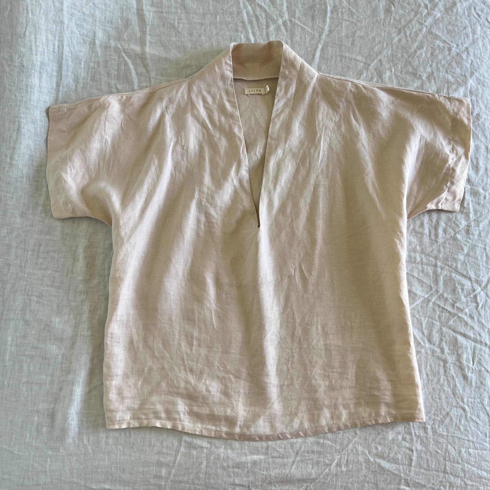 Lilya Women's 100% Linen Boxy Top - Beige Short Sleeve Blouse — photo 1 of 9