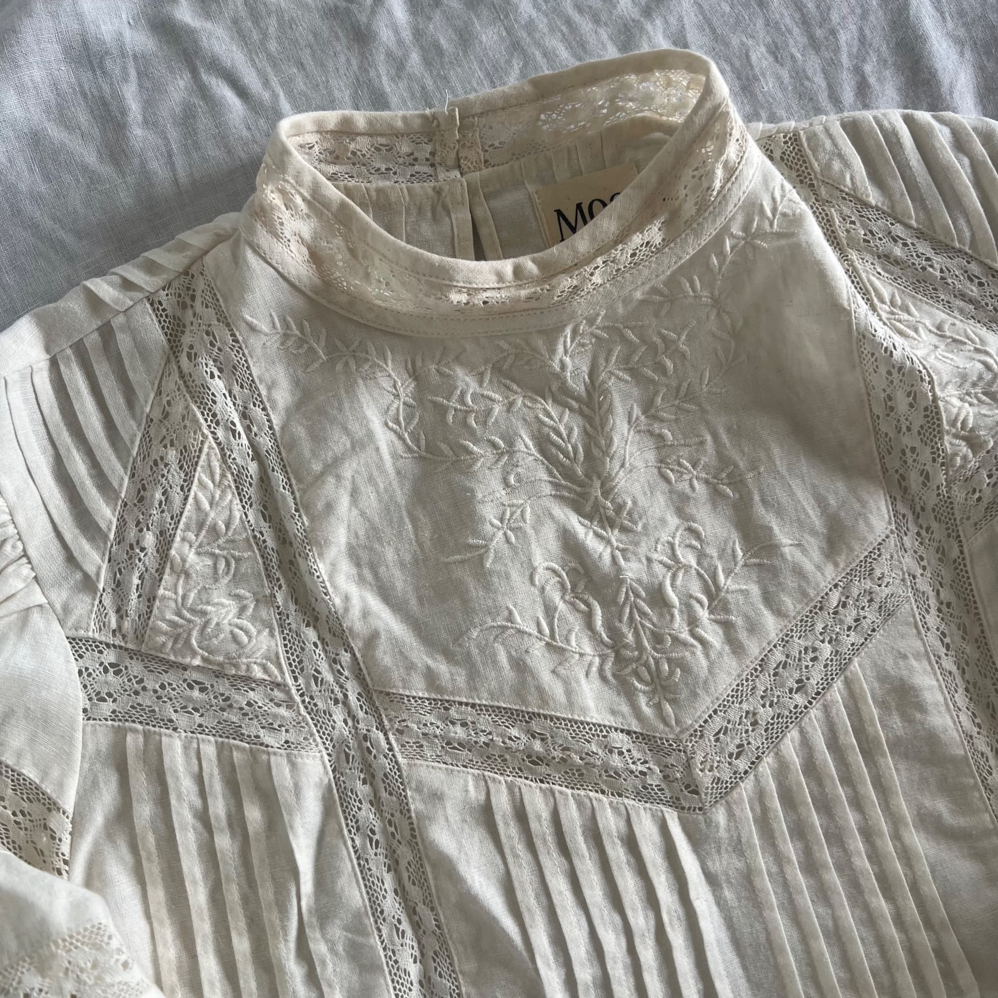 MOS The Label Cream Loom Blouse Cotton Linen Lace Pintuck Top (Size 12) — photo 2 of 8