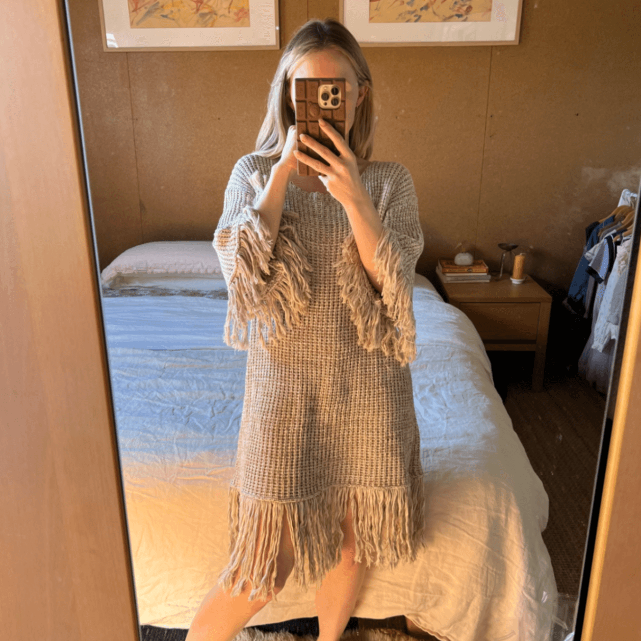Nice Martin Size 10 Oversized Beige Cotton Knit Tunic Mini Dress Tassel Fringe — photo 7 of 8