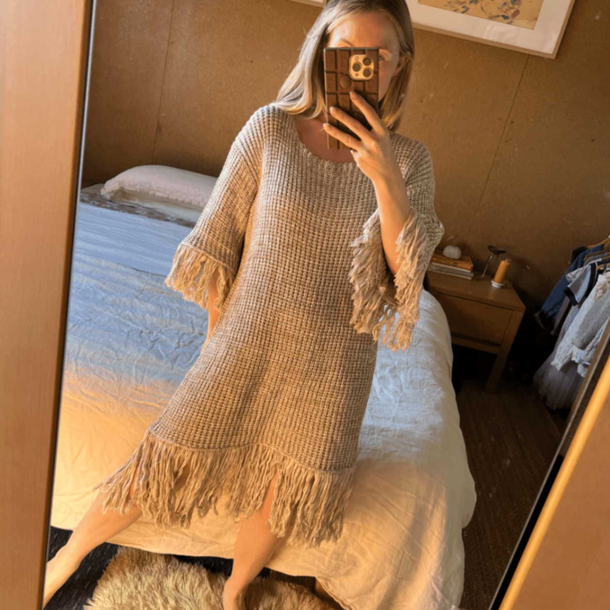 Nice Martin Size 10 Oversized Beige Cotton Knit Tunic Mini Dress Tassel Fringe — photo 8 of 8