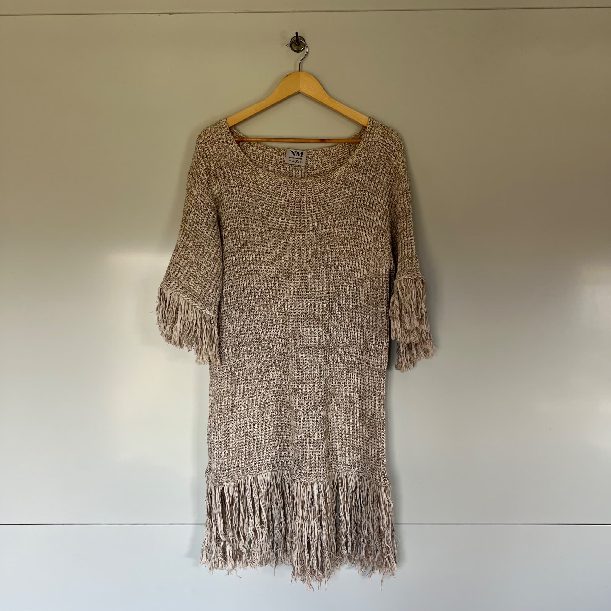 Nice Martin Size 10 Oversized Beige Cotton Knit Tunic Mini Dress Tassel Fringe — photo 2 of 8