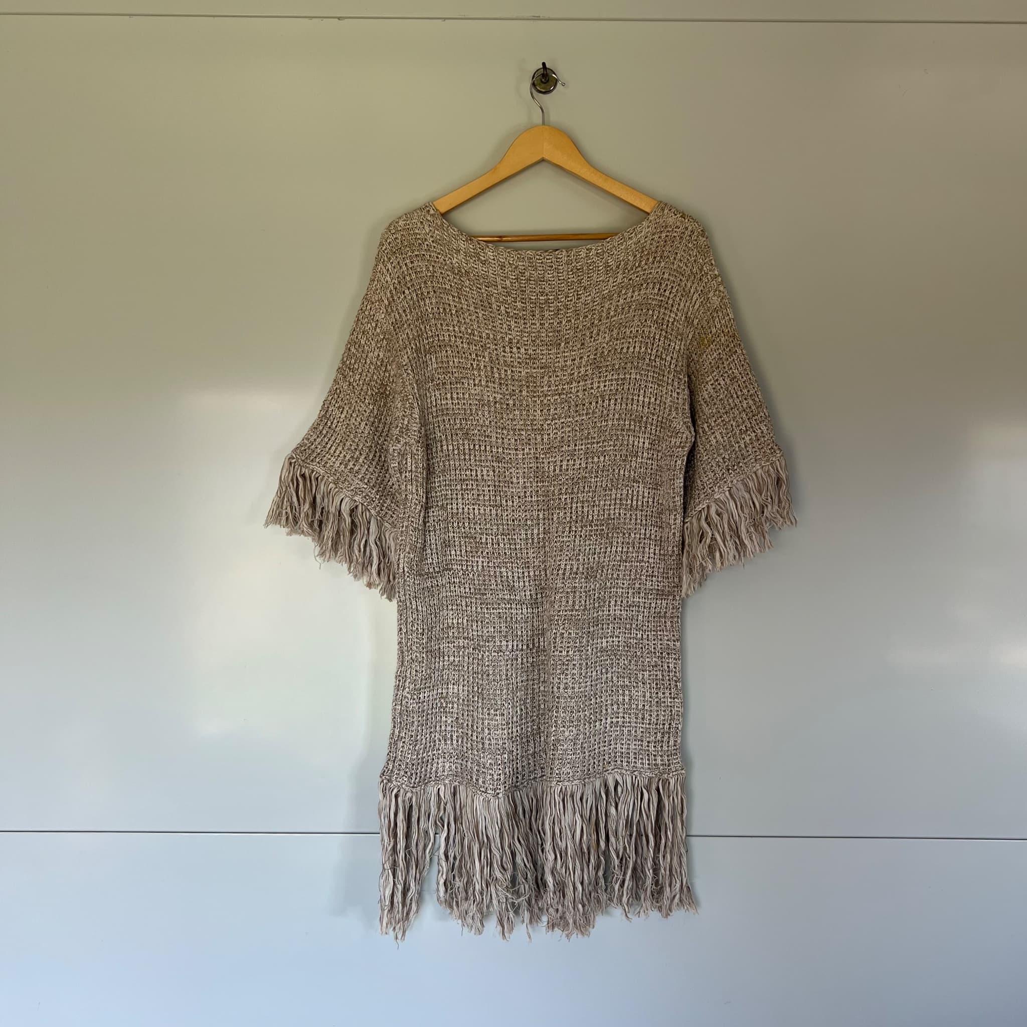 Nice Martin Size 10 Oversized Beige Cotton Knit Tunic Mini Dress Tassel Fringe — photo 3 of 8