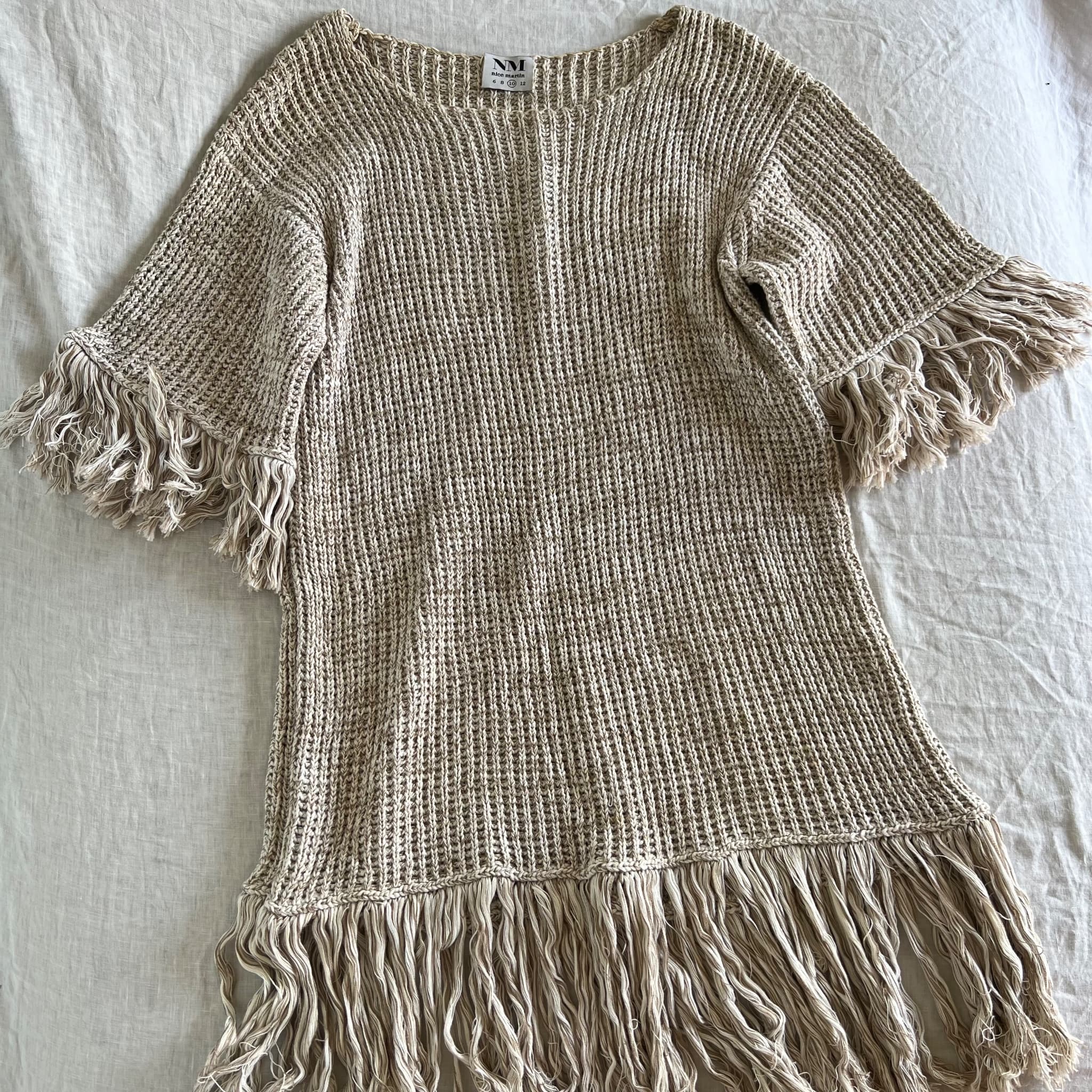Nice Martin Size 10 Oversized Beige Cotton Knit Tunic Mini Dress Tassel Fringe — photo 1 of 8