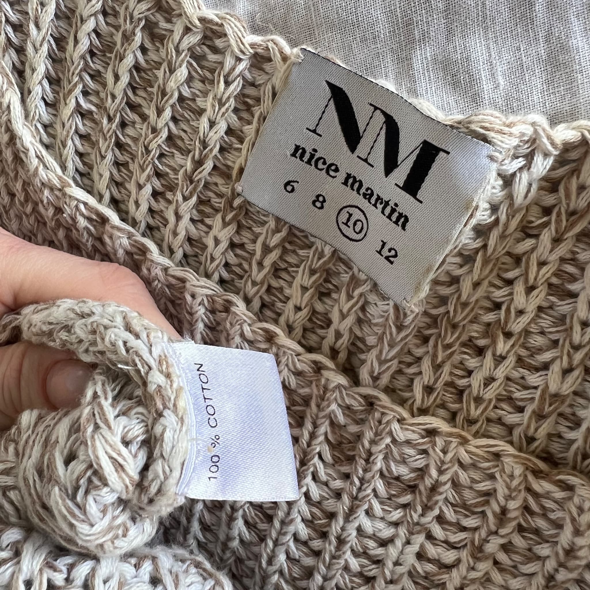 Nice Martin Size 10 Oversized Beige Cotton Knit Tunic Mini Dress Tassel Fringe — photo 6 of 8