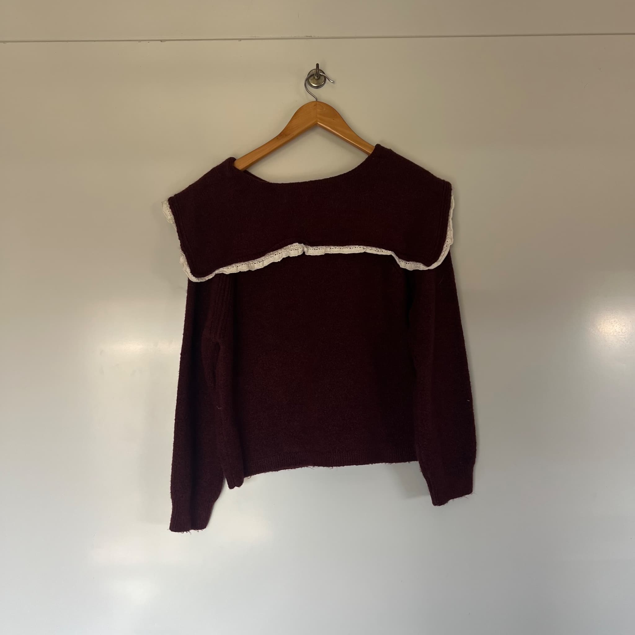 Primark Burgundy Knit Cardigan With Lace Sailor Collar Tie Front Size S — photo 3 of 8