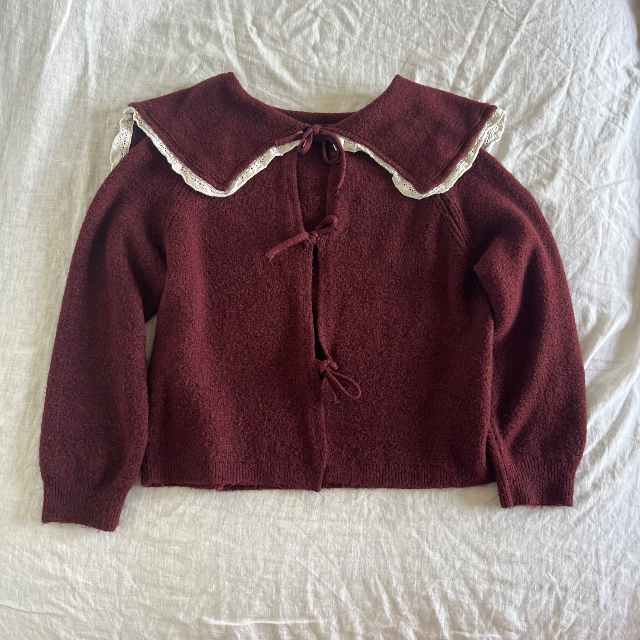 Primark Burgundy Knit Cardigan With Lace Sailor Collar Tie Front Size S — photo 1 of 8