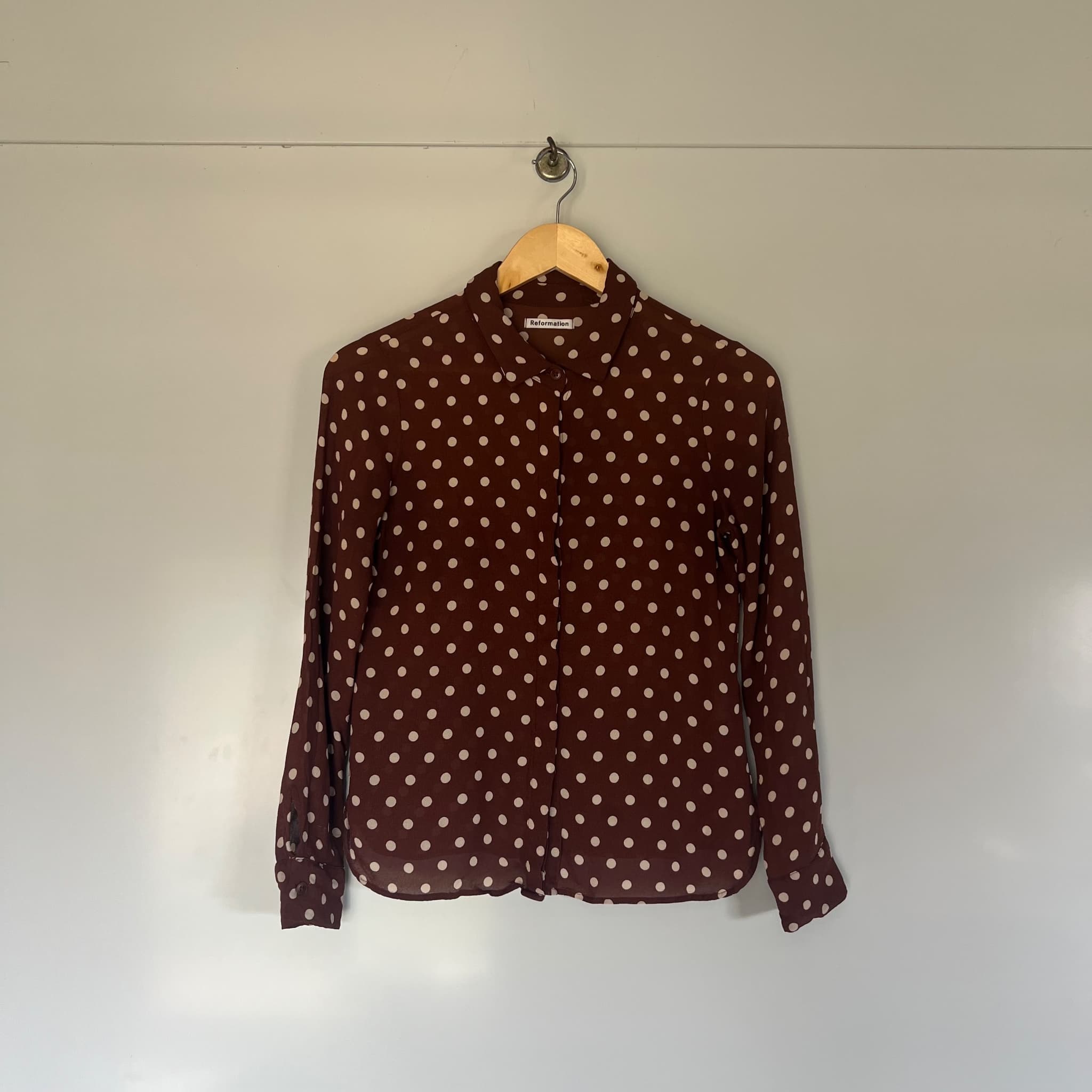 Reformation Brown Polka Dot Button-Down Shirt (Size S) — photo 2 of 7