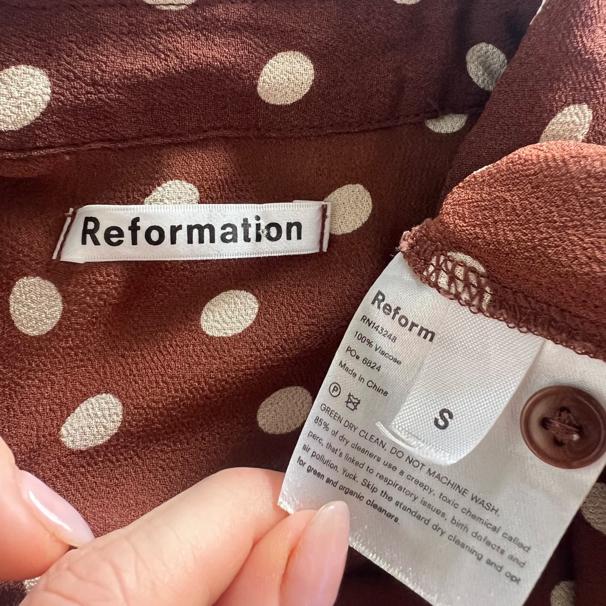 Reformation Brown Polka Dot Button-Down Shirt (Size S) — photo 5 of 7
