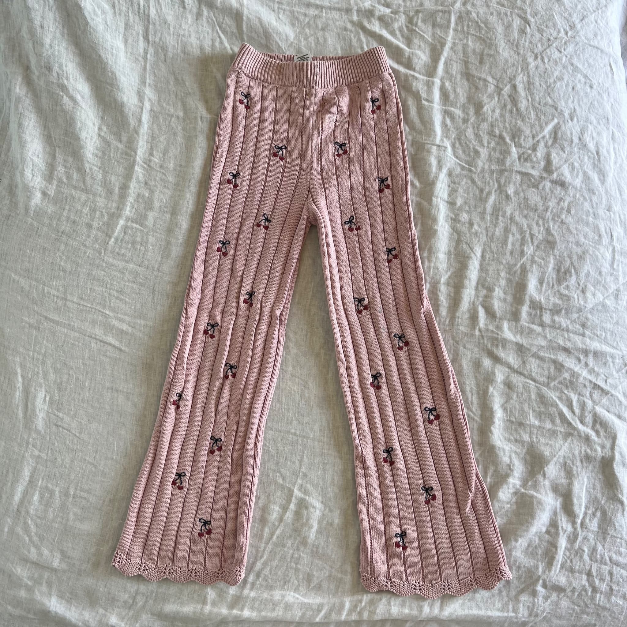Target Girls Size 6 Pink Ribbed Knit Flare Pants Cherry Bow Embroidered Trousers — photo 1 of 6