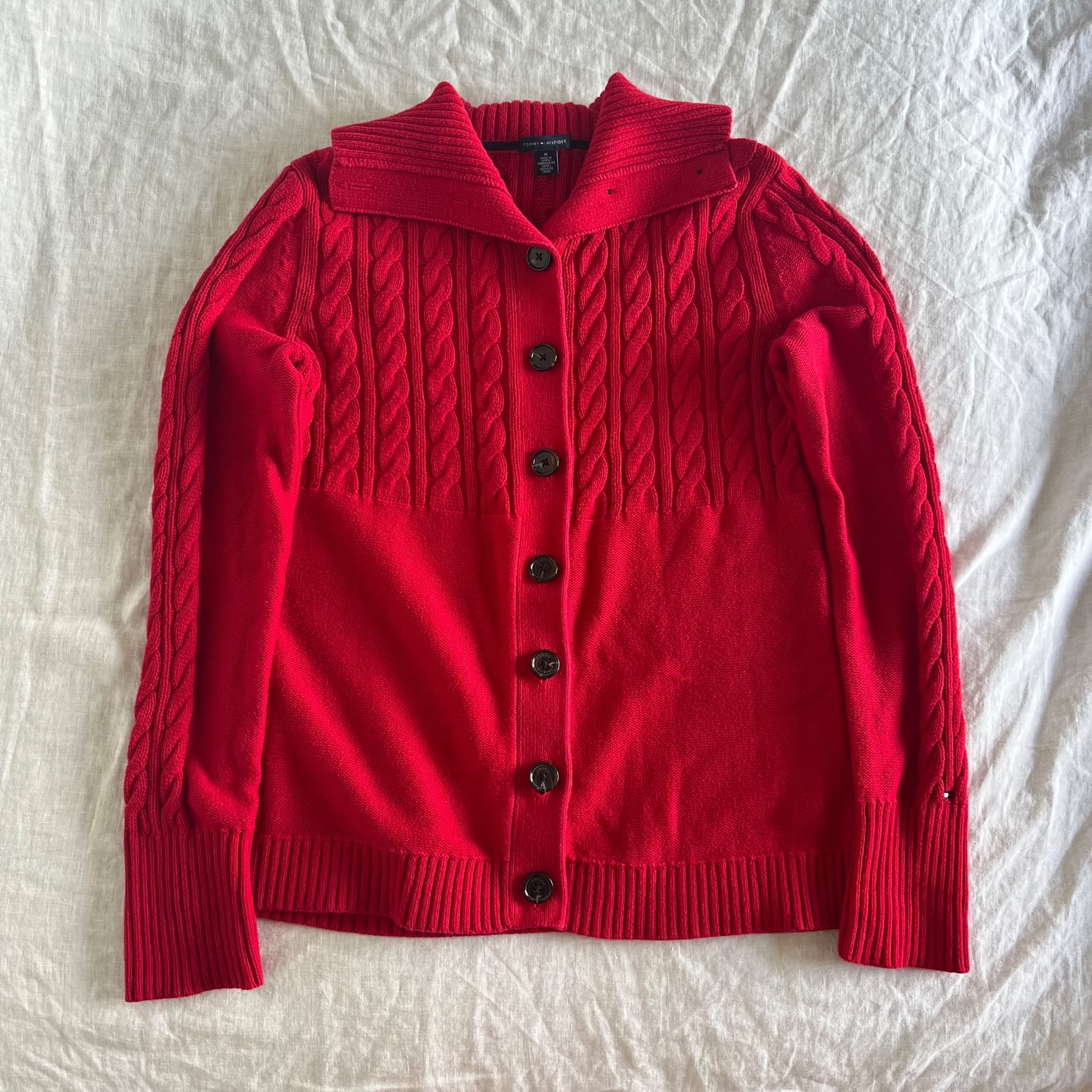 Tommy Hilfiger Red Cotton Cable Knit Cardigan (Tagged M / Fits S–M) — photo 1 of 12