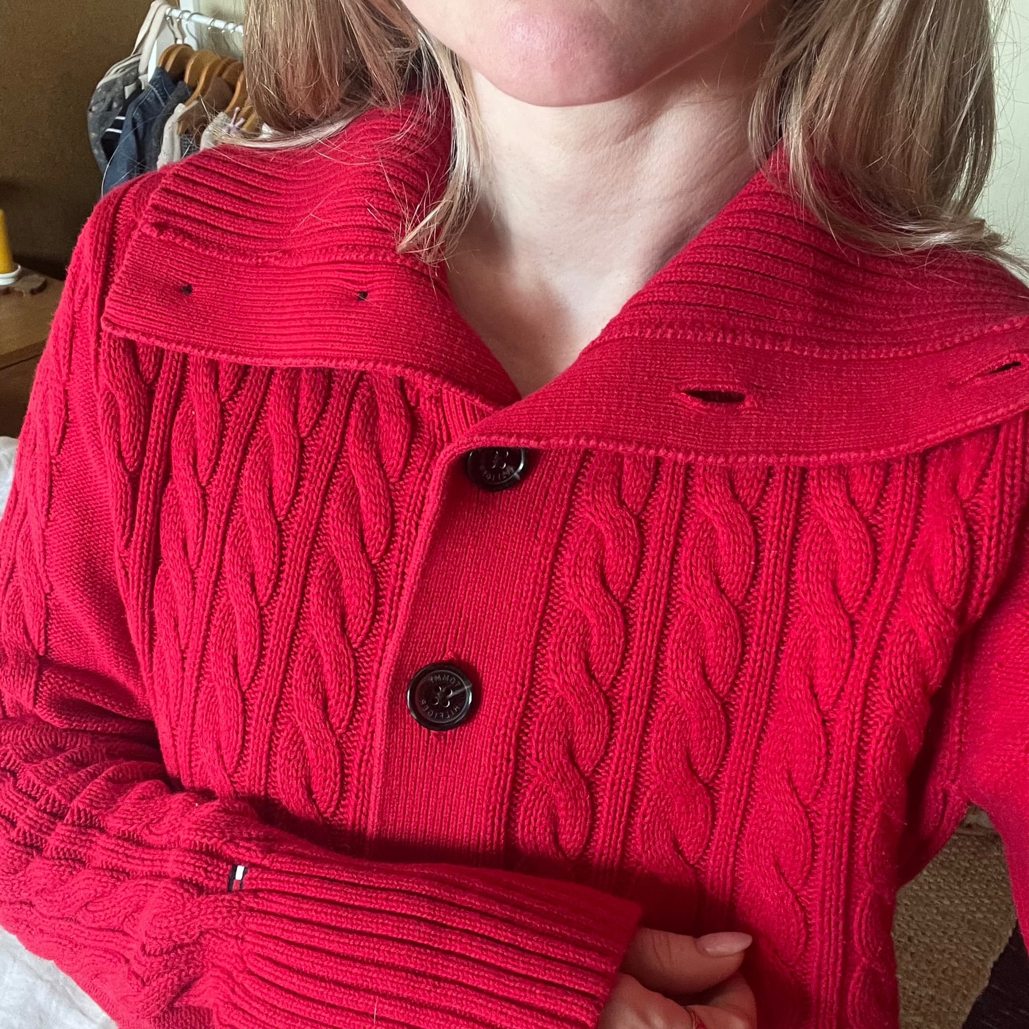 Tommy Hilfiger Red Cotton Cable Knit Cardigan (Tagged M / Fits S–M) — photo 8 of 12